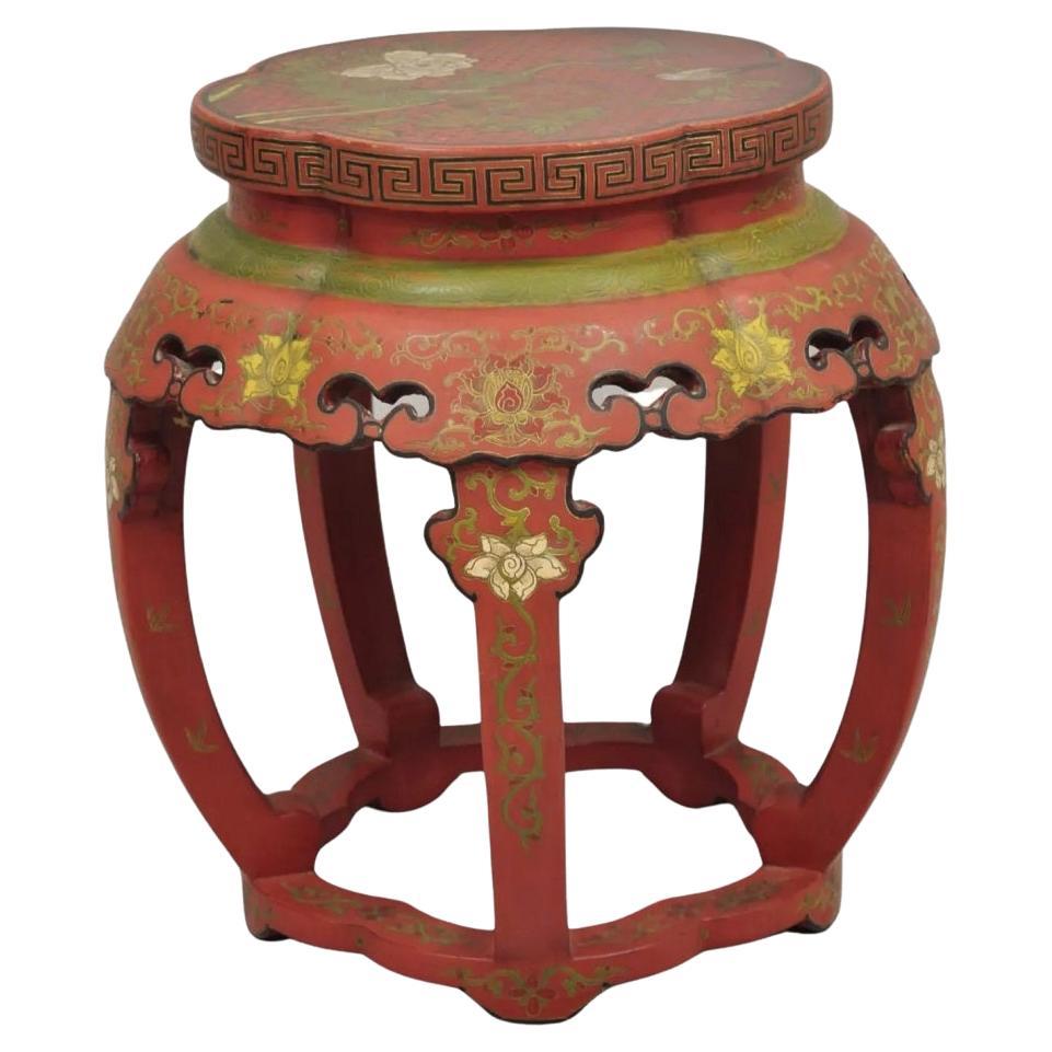 Vintage Chinoiserie Red Lacquer Chinese Drum Stool w Hand Painted Bird & Flowers