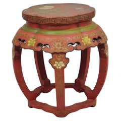Chinesischer Trommelhocker aus rot lackiertem Lack mit handbemalter Vogel und Blumen, Chinoiserie, Vintage