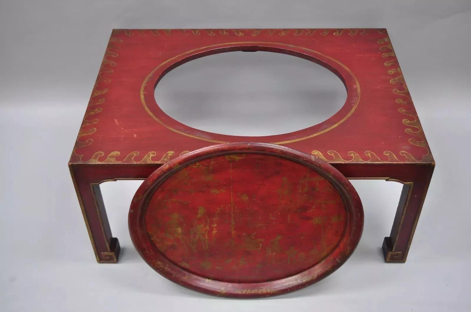 Chinoiseries Table basse orientale rouge vintage avec plateau de service en métal tole en vente