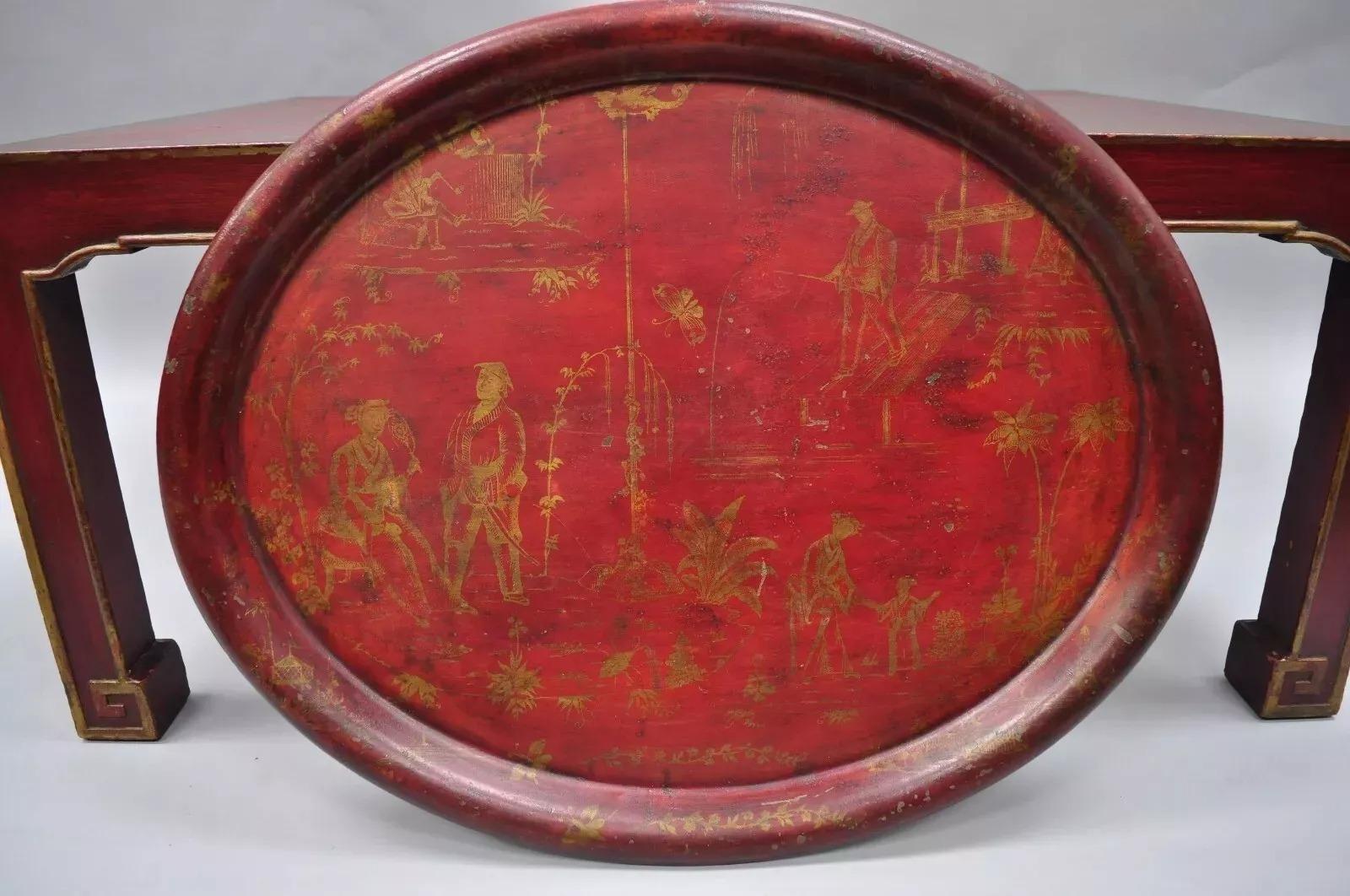 Inconnu Table basse orientale rouge vintage avec plateau de service en métal tole en vente
