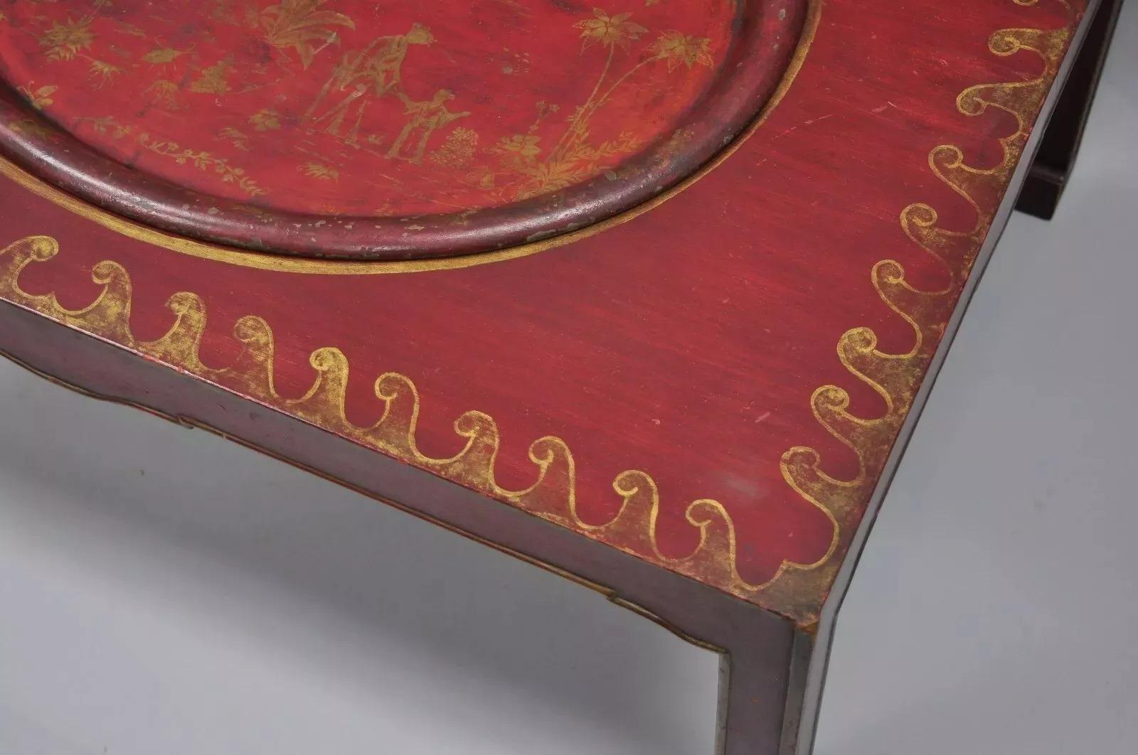 Table basse orientale rouge vintage avec plateau de service en métal tole en vente 1