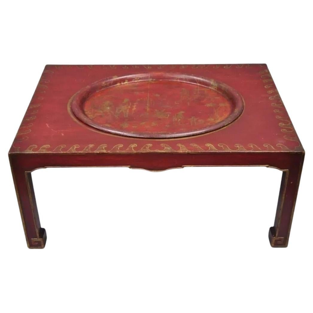 Vintage Chinoiserie Red Oriental Coffee Table with Tole Metal Serving Tray Top