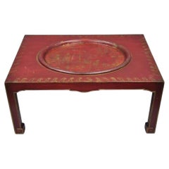 Vintage Chinoiserie Red Oriental Coffee Table with Tole Metal Serving Tray Top