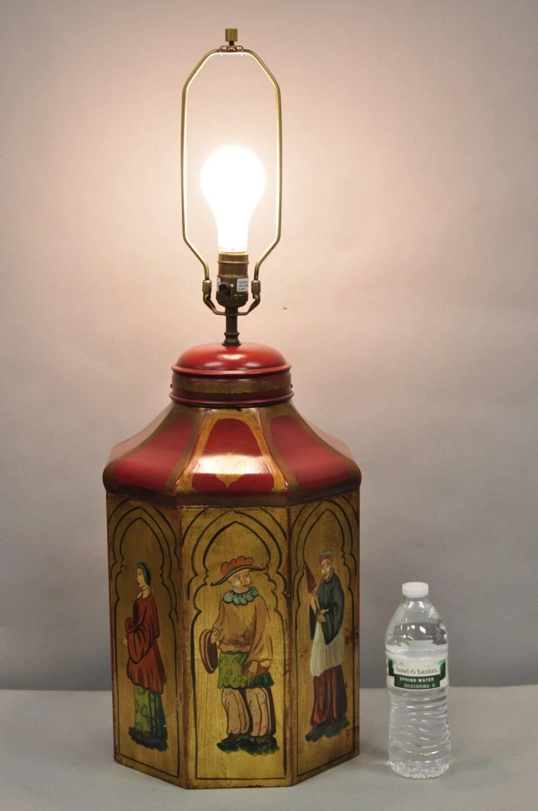 Vintage Chinoiserie Red Tole Metal Tea Canister Table Lamp by Vaughan Design Ltd. Circa Late 20th Century. Measurements: 30