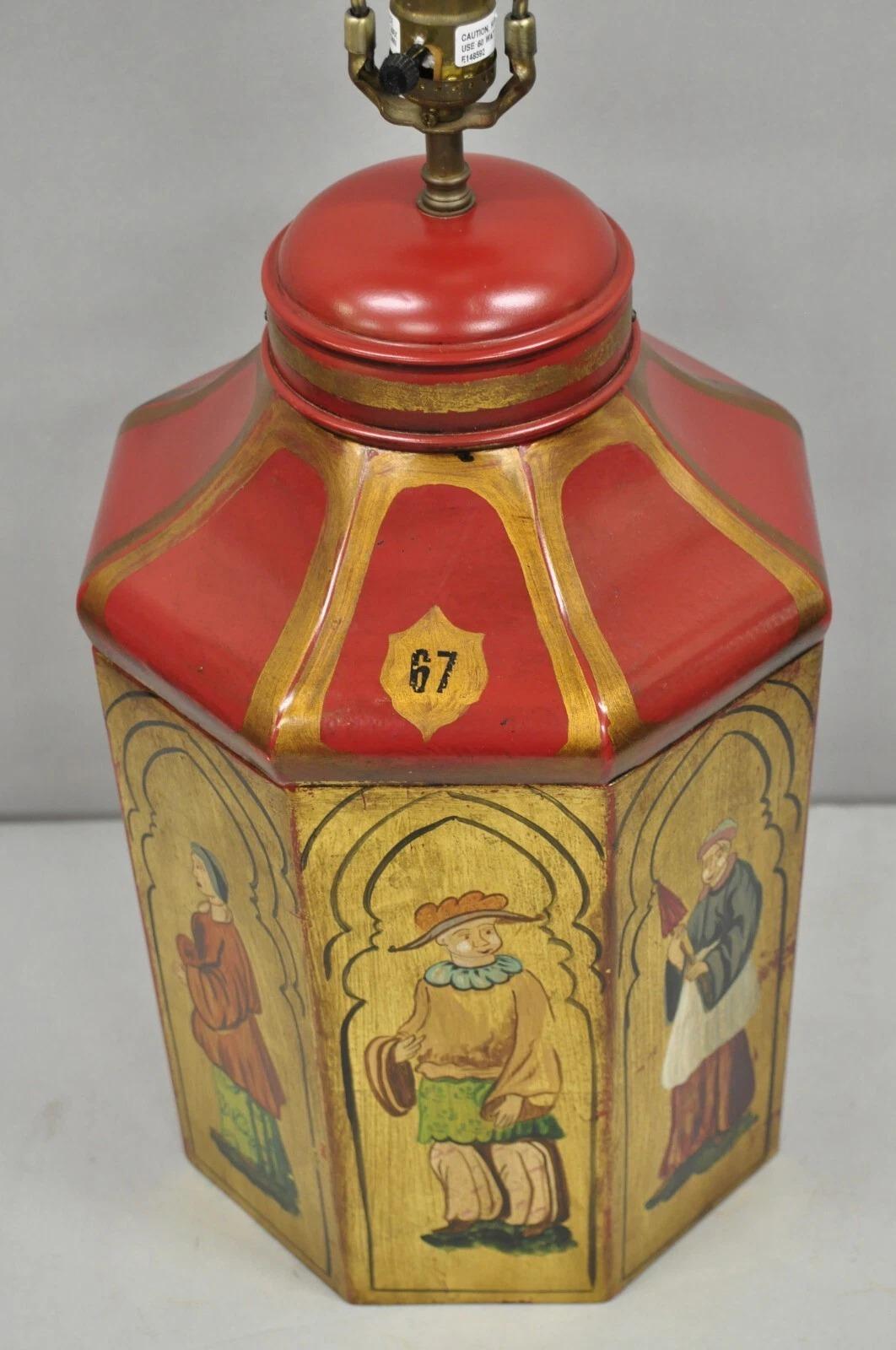 Vintage Chinoiserie Red Tole Metal Tea Canister Table Lamp by Vaughan Design Ltd In Good Condition For Sale In Philadelphia, PA