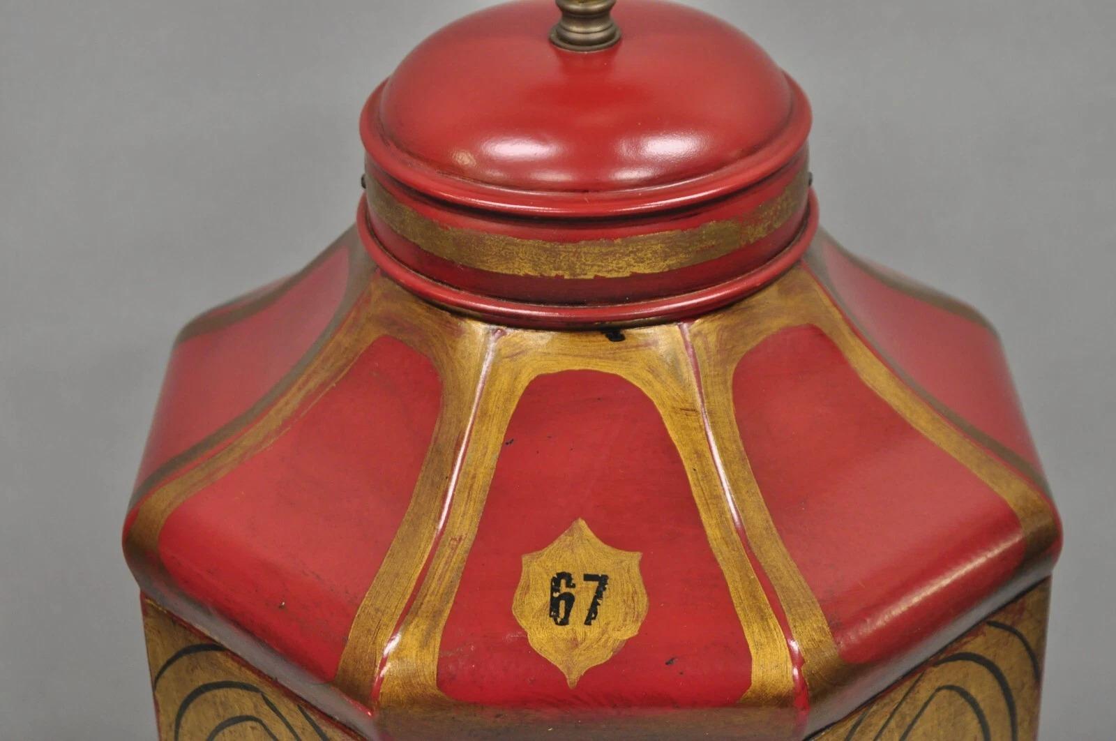 Vintage Chinoiserie Red Tole Metal Tea Canister Table Lamp by Vaughan Design Ltd For Sale 3