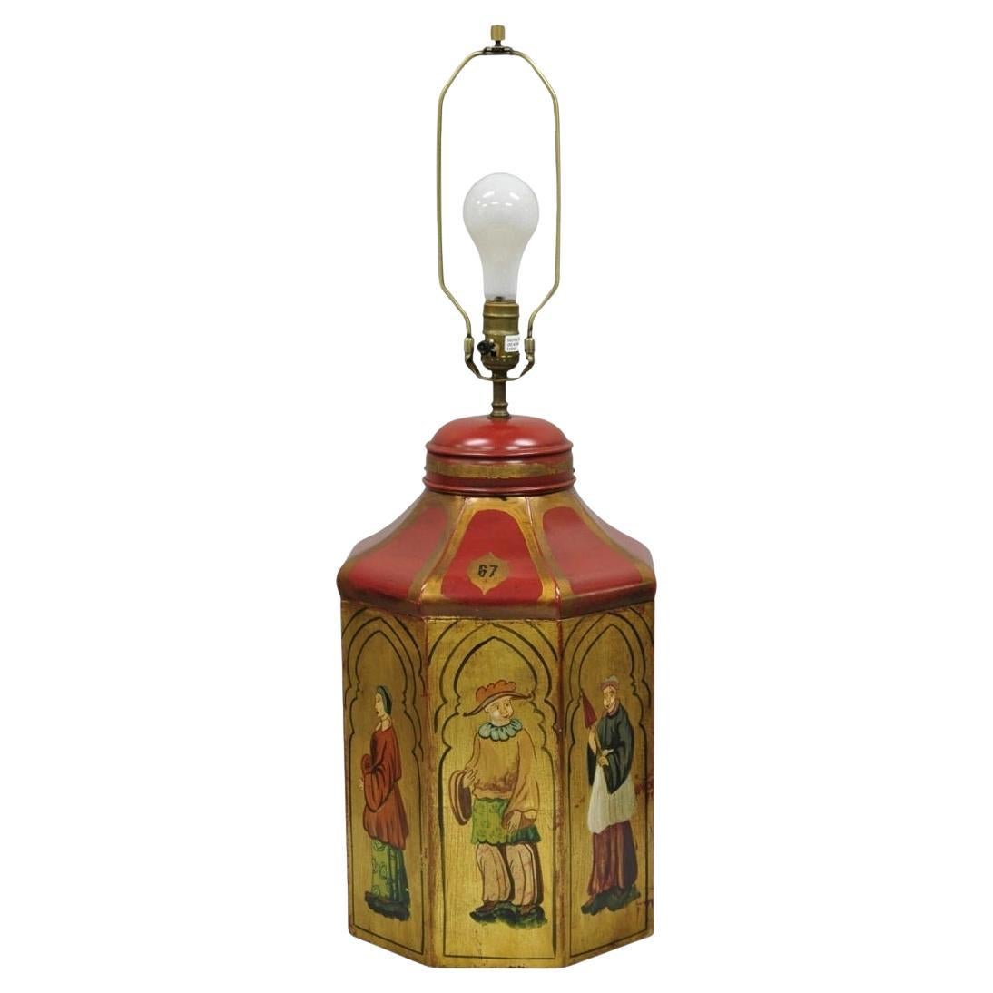 Vintage Chinoiserie Red Tole Metal Tea Canister Table Lamp by Vaughan Design Ltd For Sale