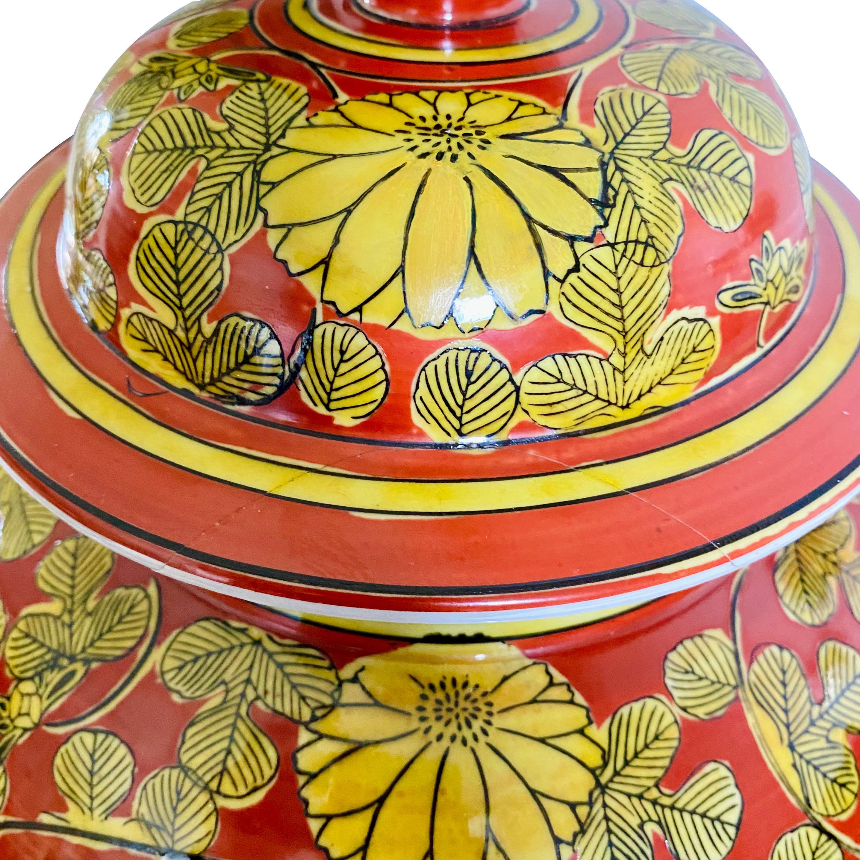 Lacquered Vintage Chinoiserie Red & Yellow Ginger Jar Lamp