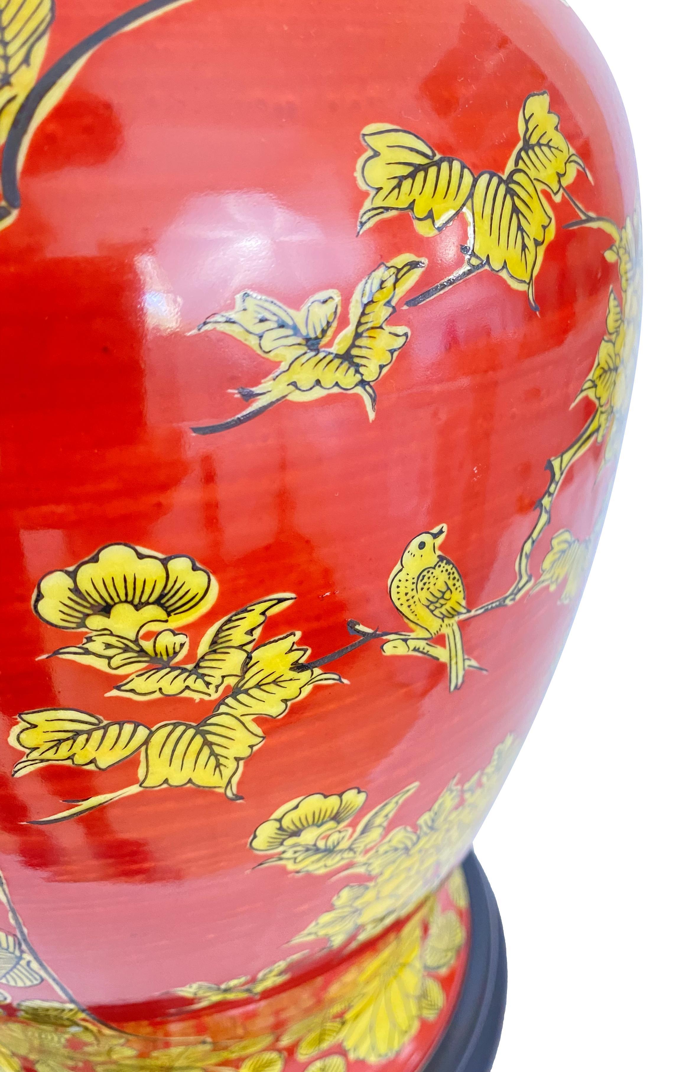 Vintage Chinoiserie Red & Yellow Ginger Jar Lamp In Good Condition In Harlingen, TX