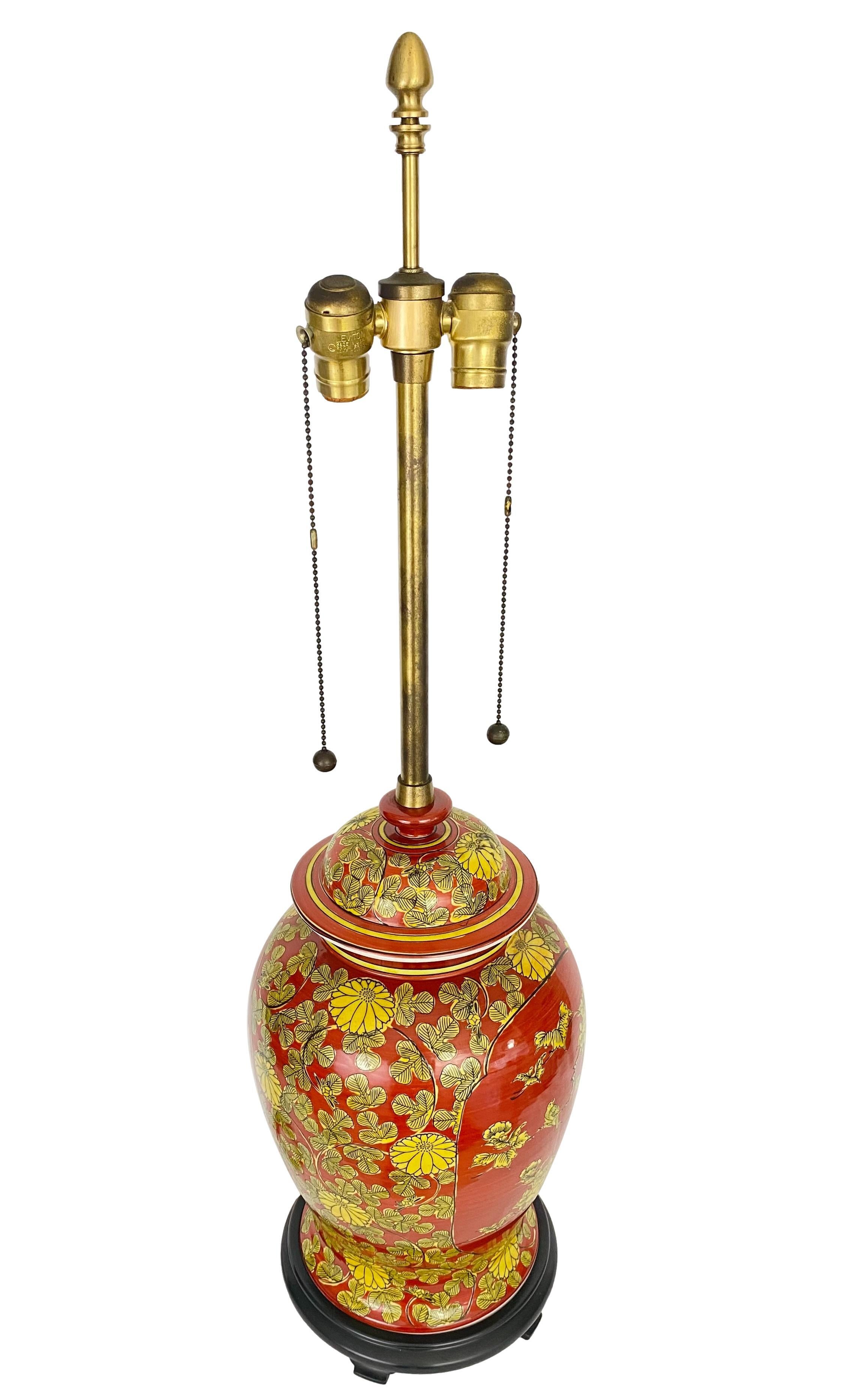 Late 20th Century Vintage Chinoiserie Red & Yellow Ginger Jar Lamp