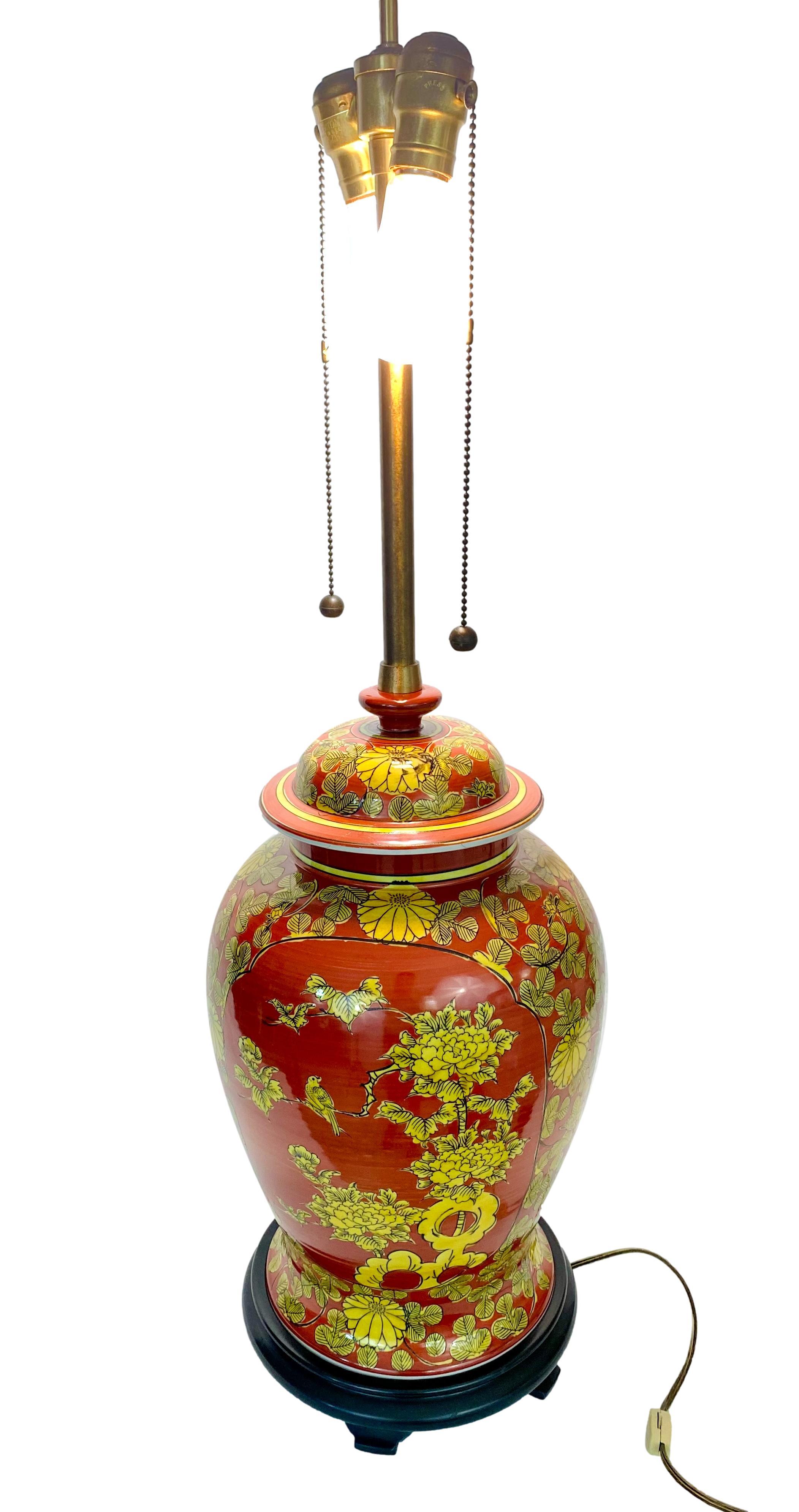 Brass Vintage Chinoiserie Red & Yellow Ginger Jar Lamp