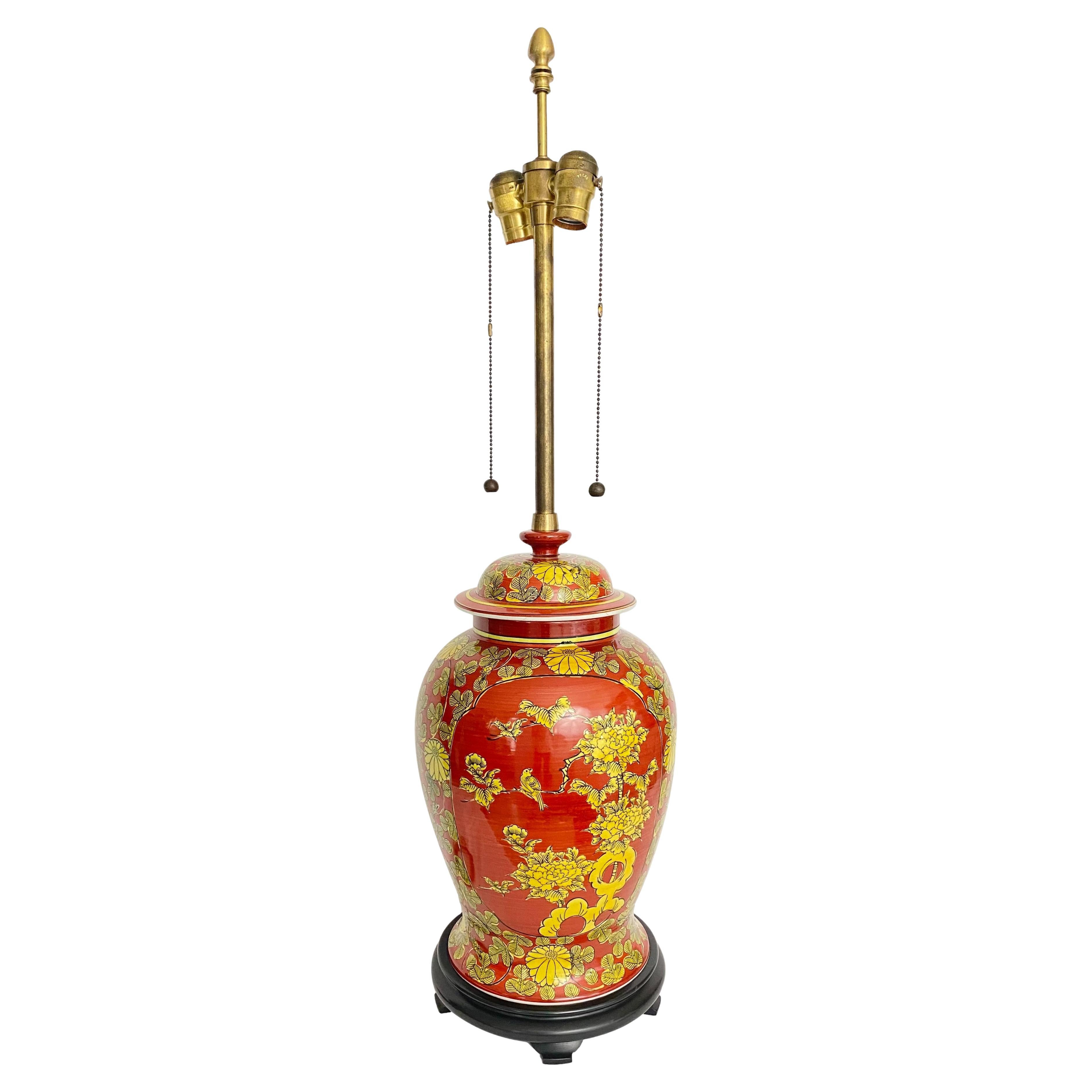 Vintage Chinoiserie Red & Yellow Ginger Jar Lamp