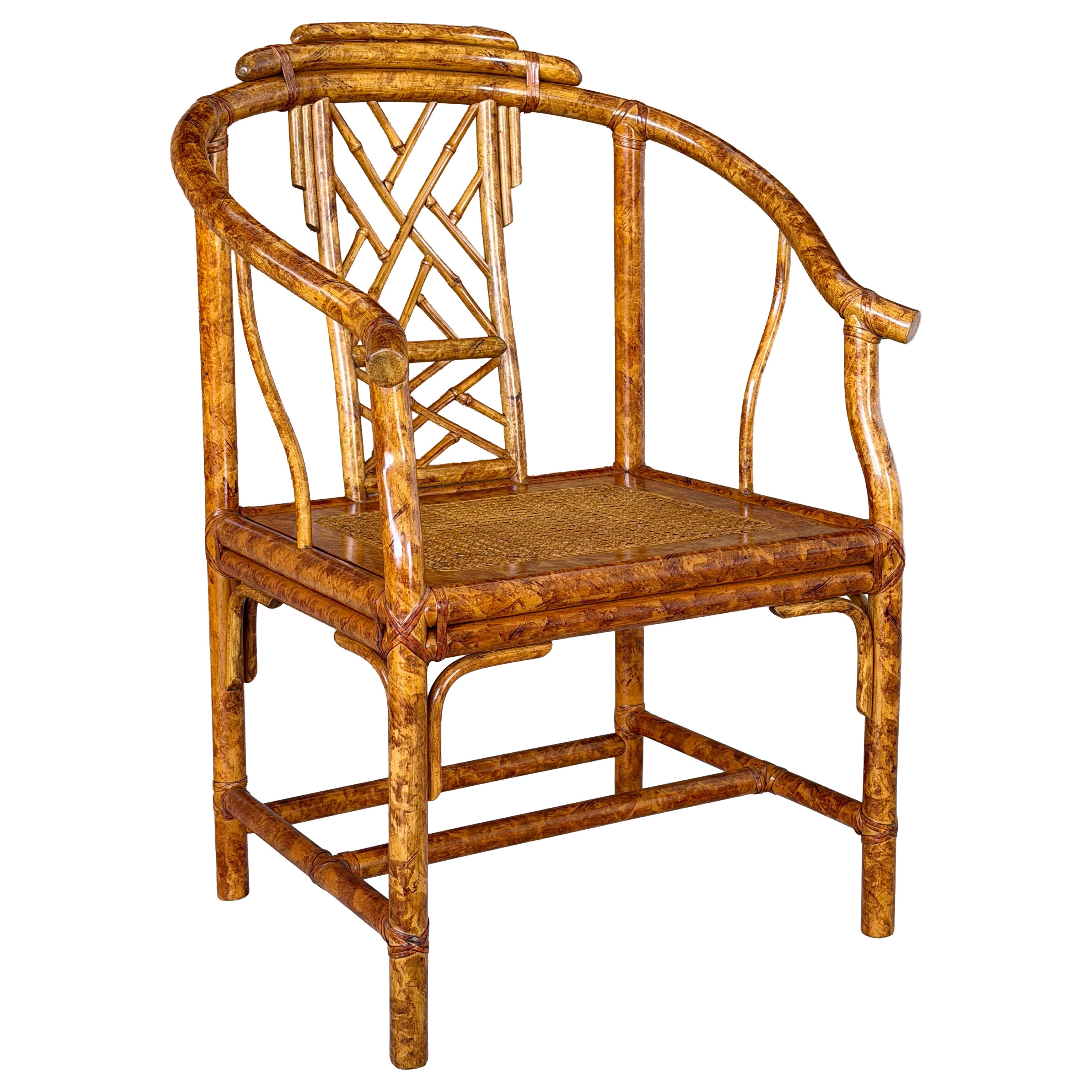 Chaise d'appoint vintage de style chinoiserie Régence, en rotin et canne, avec dossier en fer à cheval