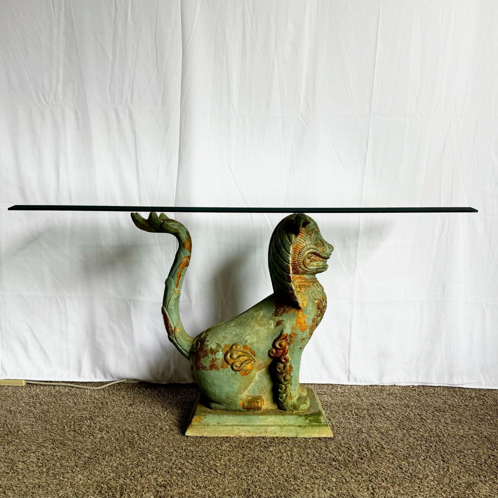 Unknown Vintage Chinoiserie Resin Foo Dog Glass Top Console Table For Sale