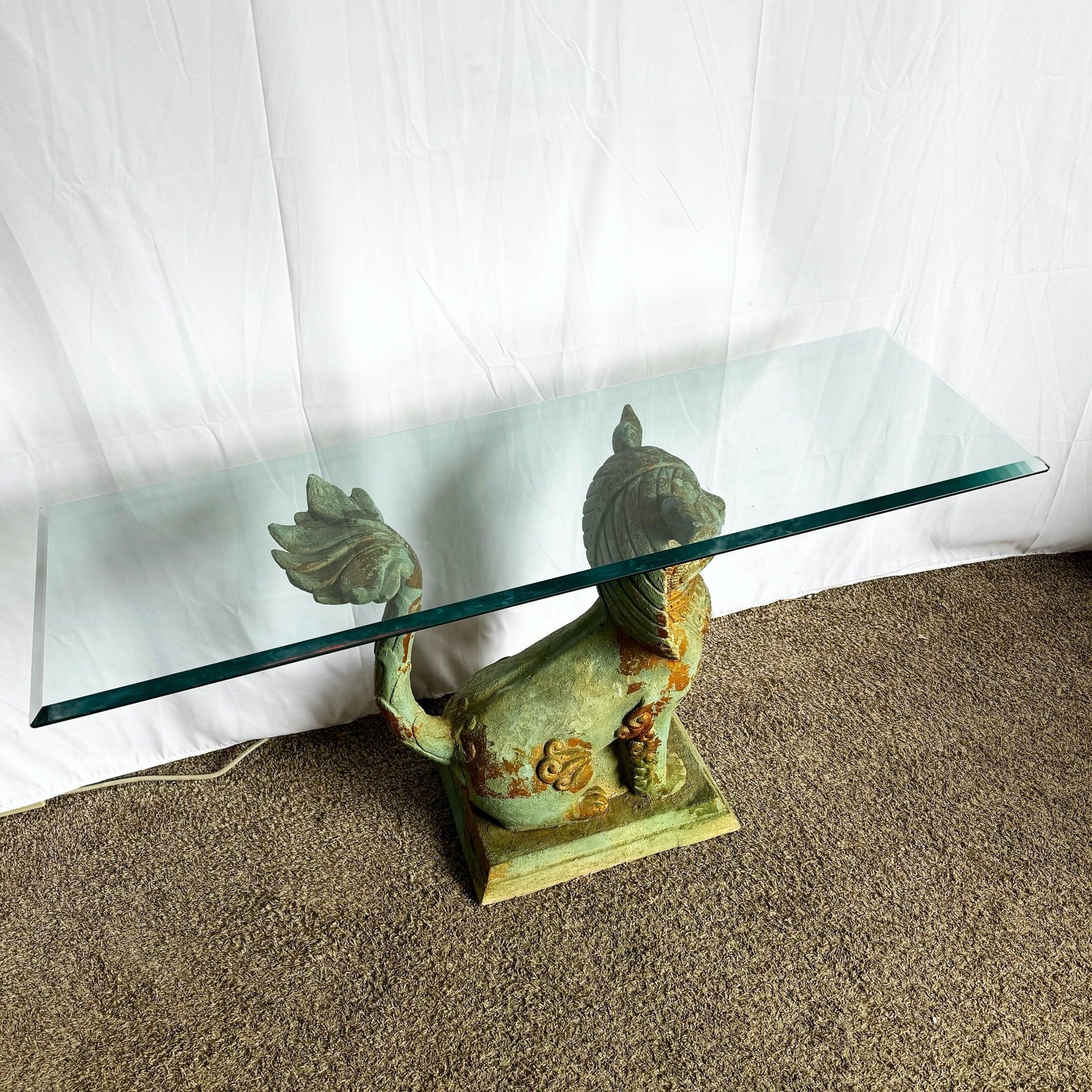 Vintage Chinoiserie Resin Foo Dog Glass Top Console Table In Good Condition For Sale In Delray Beach, FL