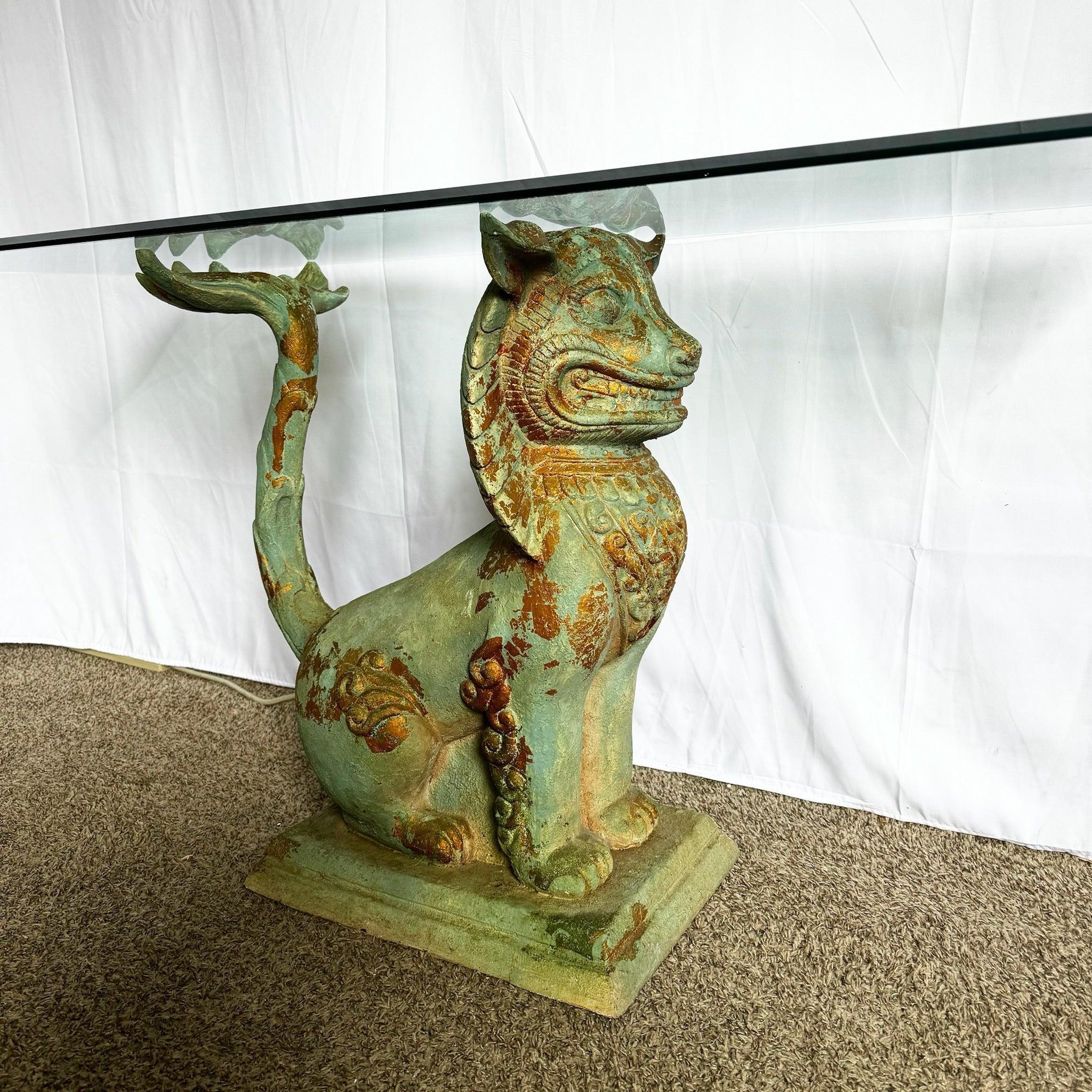 Late 20th Century Vintage Chinoiserie Resin Foo Dog Glass Top Console Table For Sale