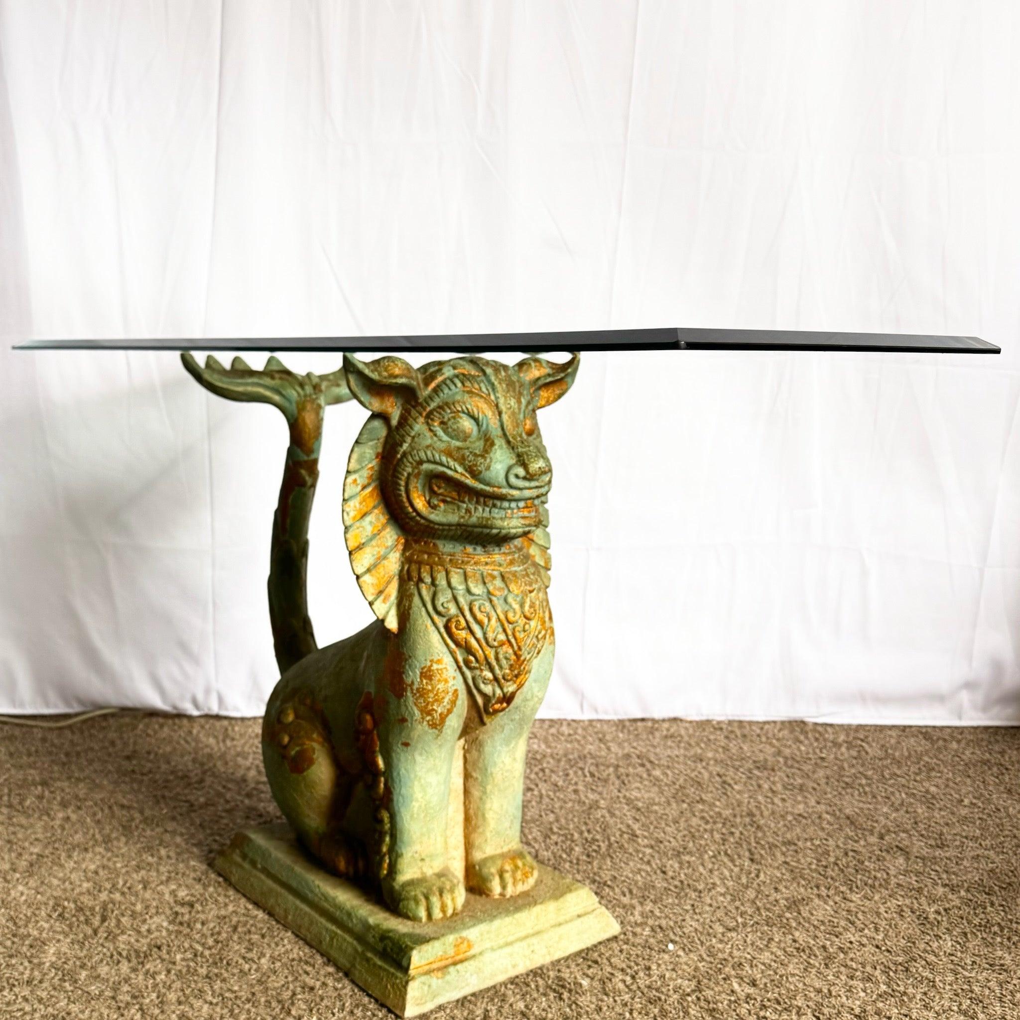 Vintage Chinoiserie Resin Foo Dog Glass Top Console Table For Sale 1