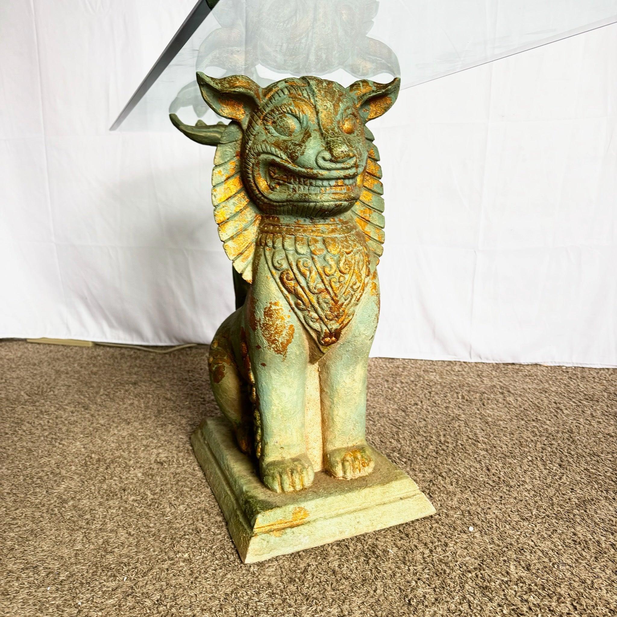 Vintage Chinoiserie Resin Foo Dog Glass Top Console Table For Sale 2