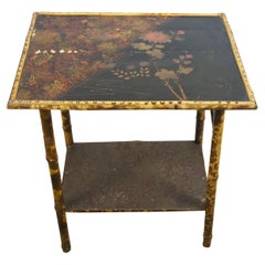 Vintage Chinoiserie Scorched Bamboo Lacquered Two Tier Accent Table 20"