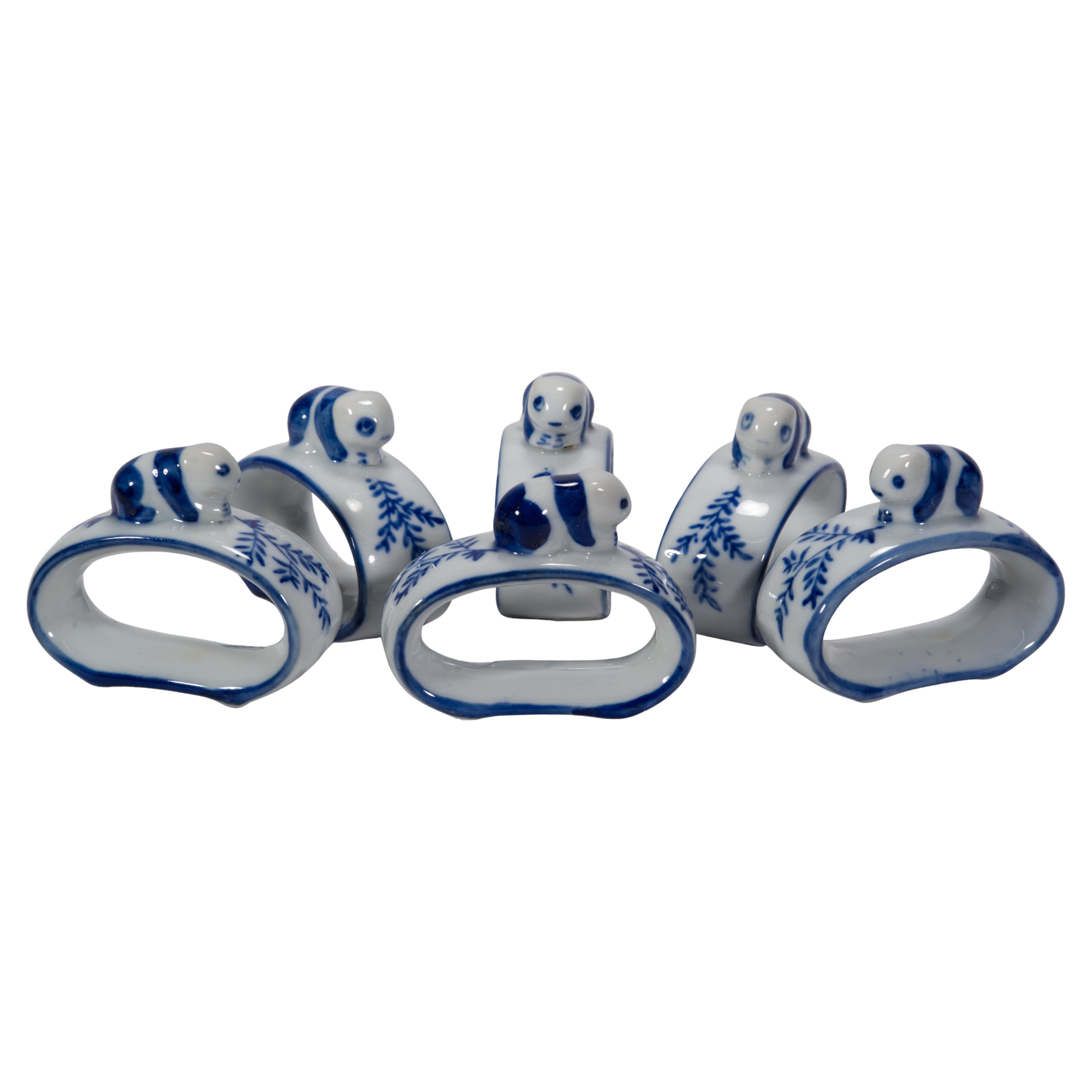 Vintage Chinoiserie Set of 6 Porcelain Napkin Rings Panda, Blue White