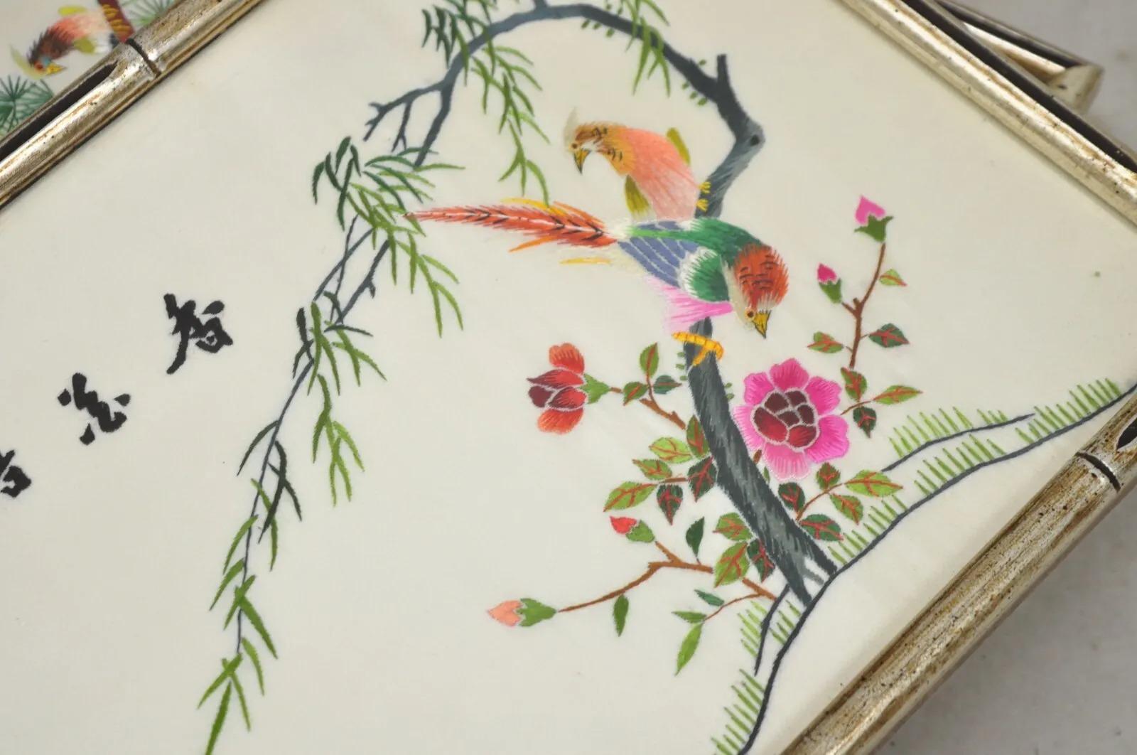 Vintage Chinoiserie Silk Needlepoint Chinese Japanese Asian Wall Art - Set of 6 For Sale 7