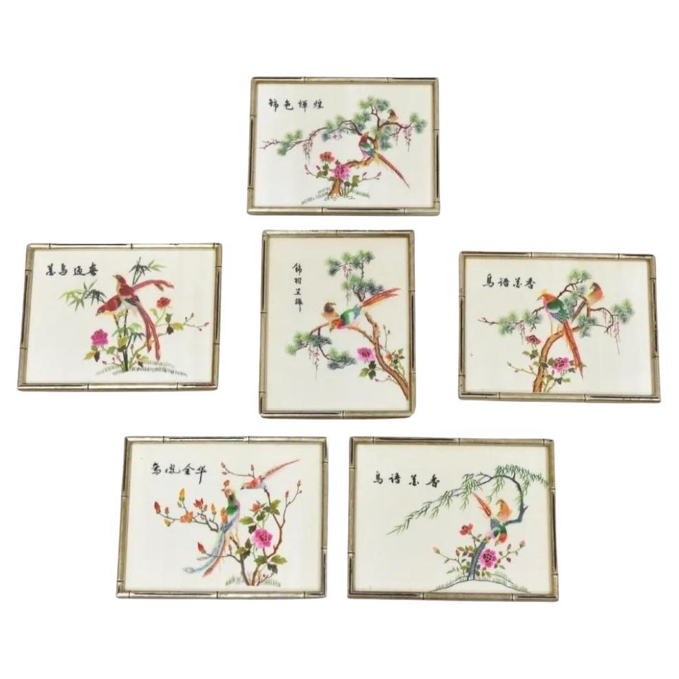 Vintage Chinoiserie Silk Needlepoint Chinese Japanese Asian Wall Art - Set of 6 For Sale