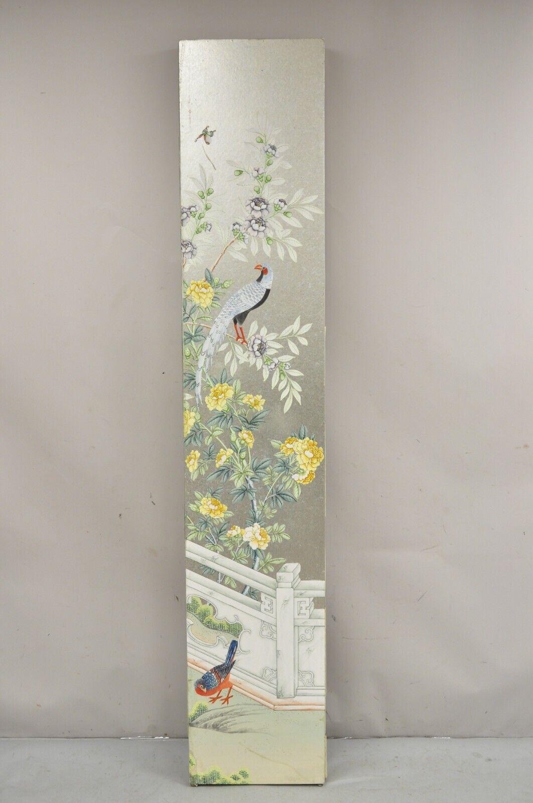 Vintage Chinoiserie Silver Leaf Birds Butterflies 4 Panel Screen Room Divider B For Sale 5