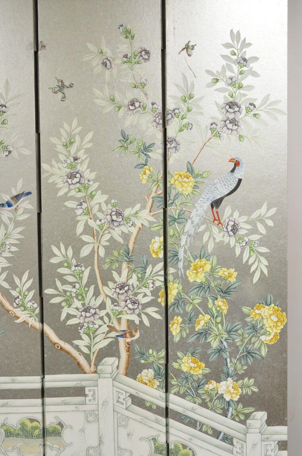 Vintage Chinoiserie Silver Leaf Birds Butterflies 4 Panel Screen Room Divider B For Sale 7