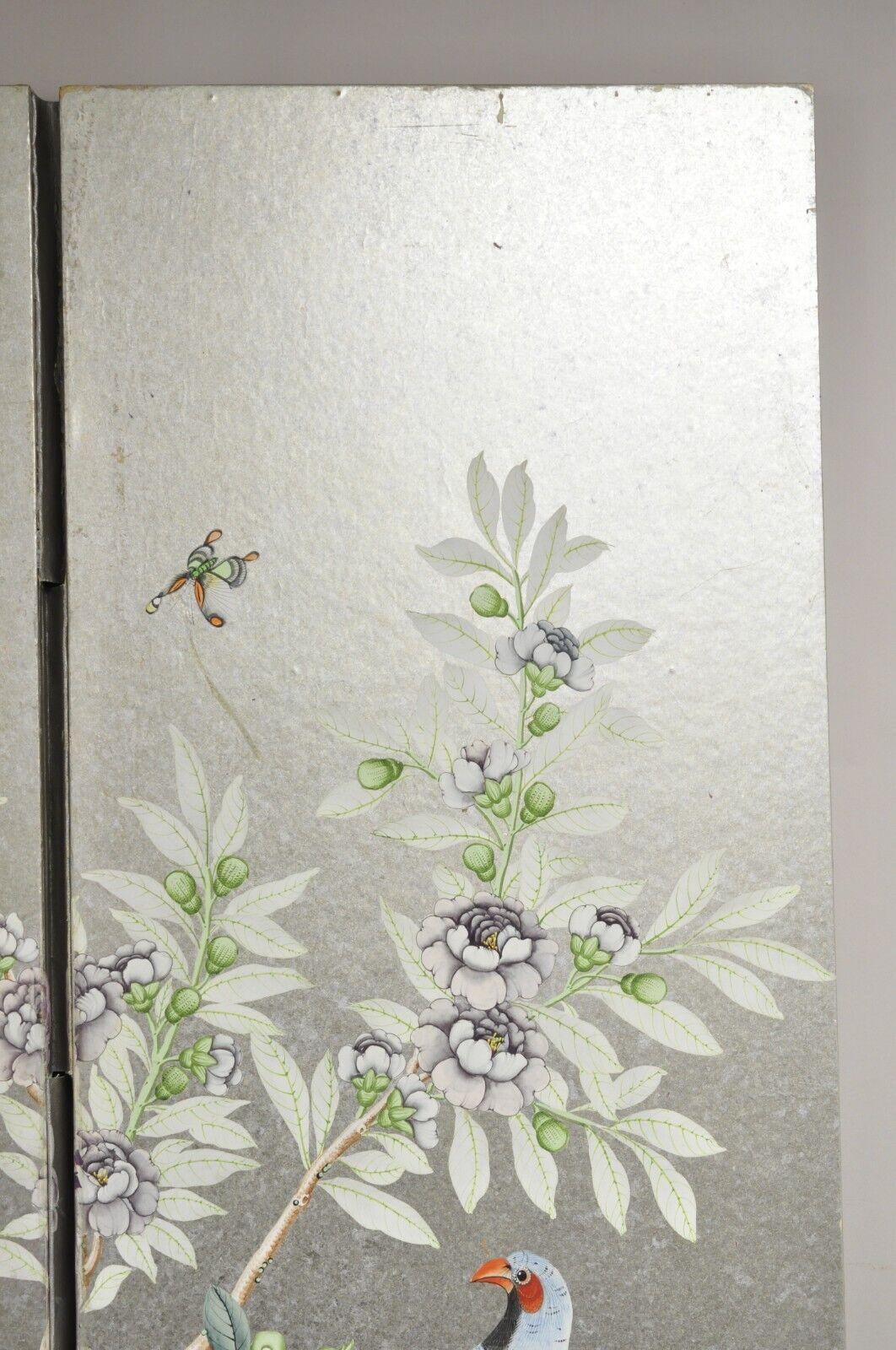 Vintage Chinoiserie Silver Leaf Birds Butterflies 4 Panel Screen Room Divider B For Sale 9