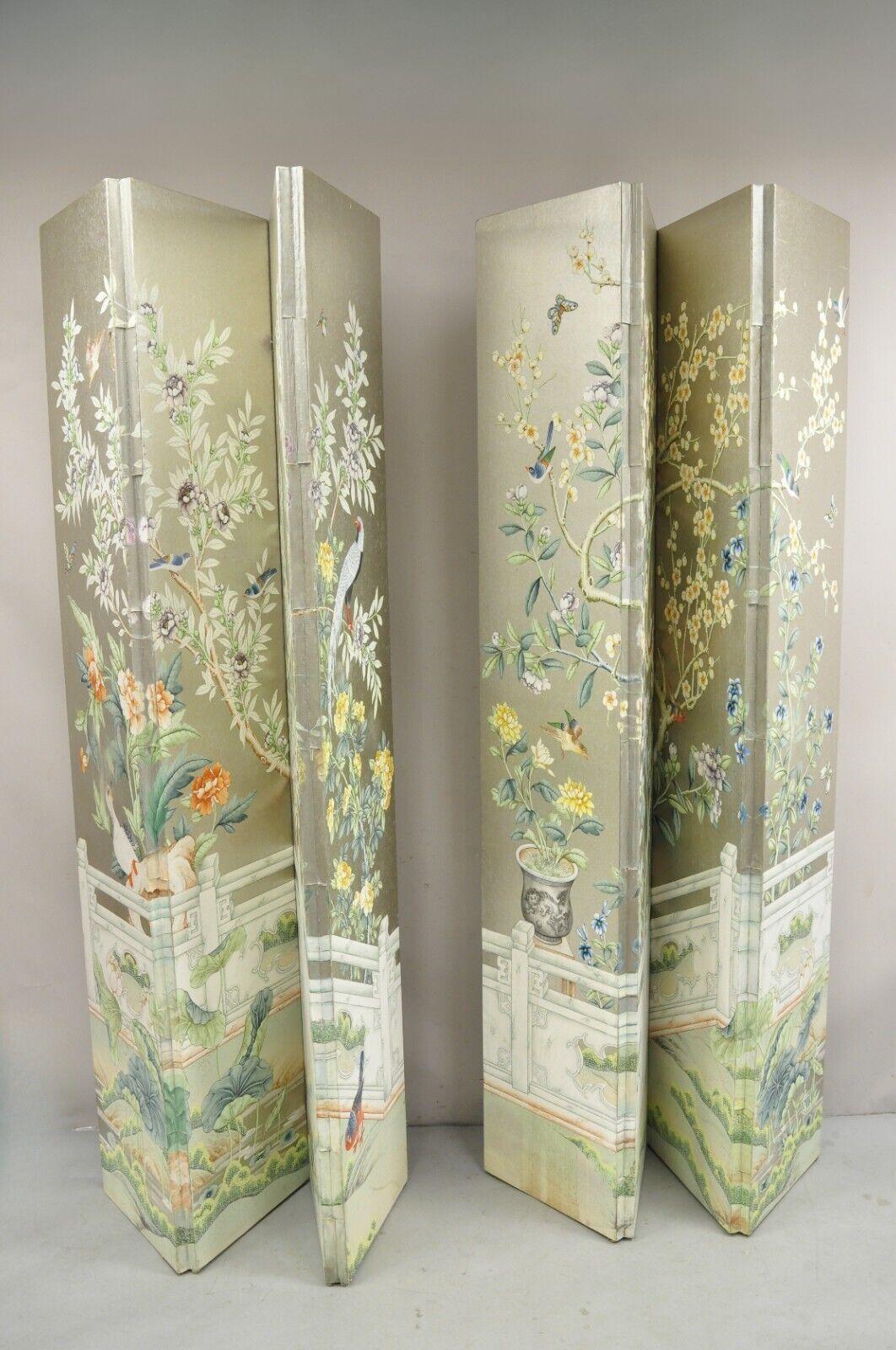 Vintage Chinoiserie Silver Leaf Birds Butterflies 4 Panel Screen Room Divider B For Sale 10