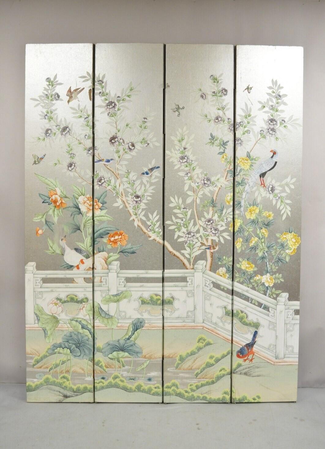 Vintage Chinoiserie Silver Leaf Birds Butterflies 4 Panel Screen Room Divider B For Sale 11