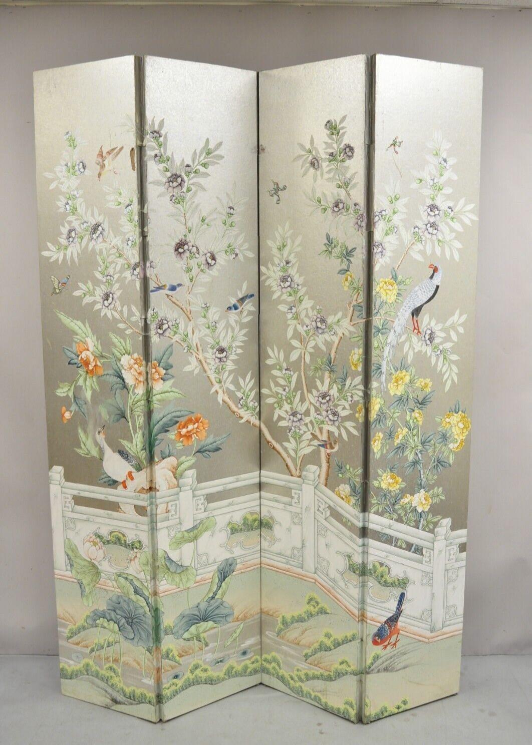 Vintage Chinoiserie Chinese Hand Painted Silver Leaf Large Birds and Butterflies 4 Panel Folding Screen Room Divider (B). Item features is a tall impressive size, stunning silver leaf finish, folding design, high quality construction and detail.