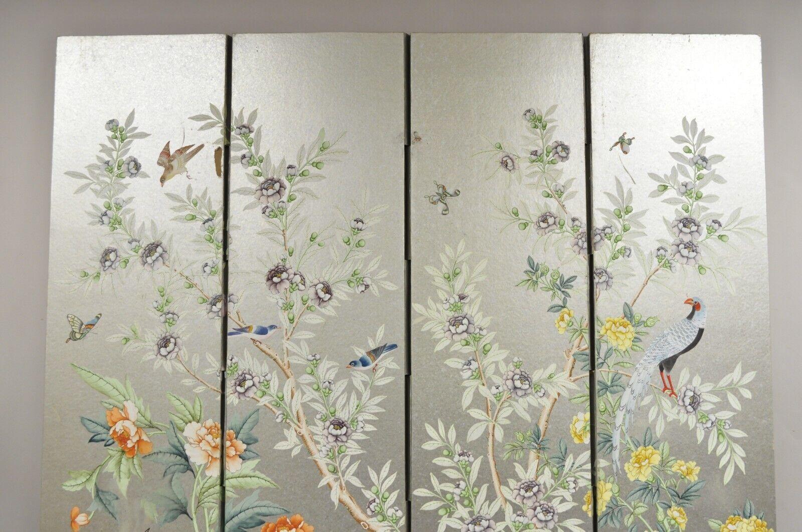 Vintage Chinoiserie Silver Leaf Birds Butterflies 4 Panel Screen Room Divider B In Good Condition For Sale In Philadelphia, PA