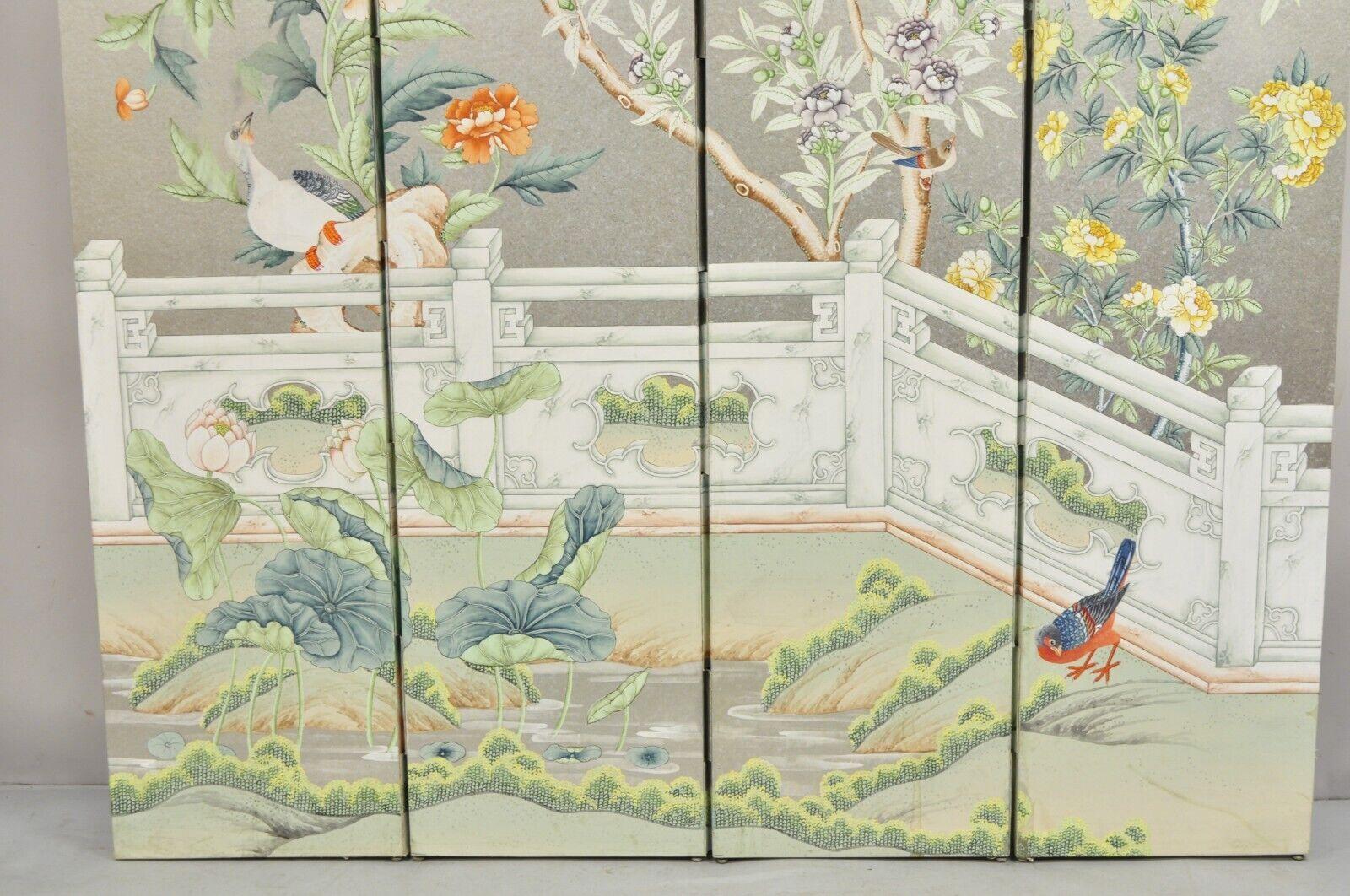 20th Century Vintage Chinoiserie Silver Leaf Birds Butterflies 4 Panel Screen Room Divider B For Sale