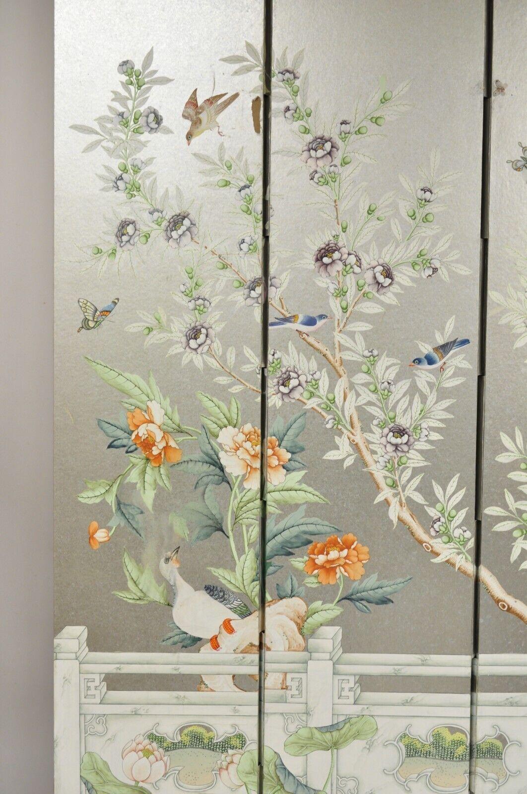 Wood Vintage Chinoiserie Silver Leaf Birds Butterflies 4 Panel Screen Room Divider B For Sale