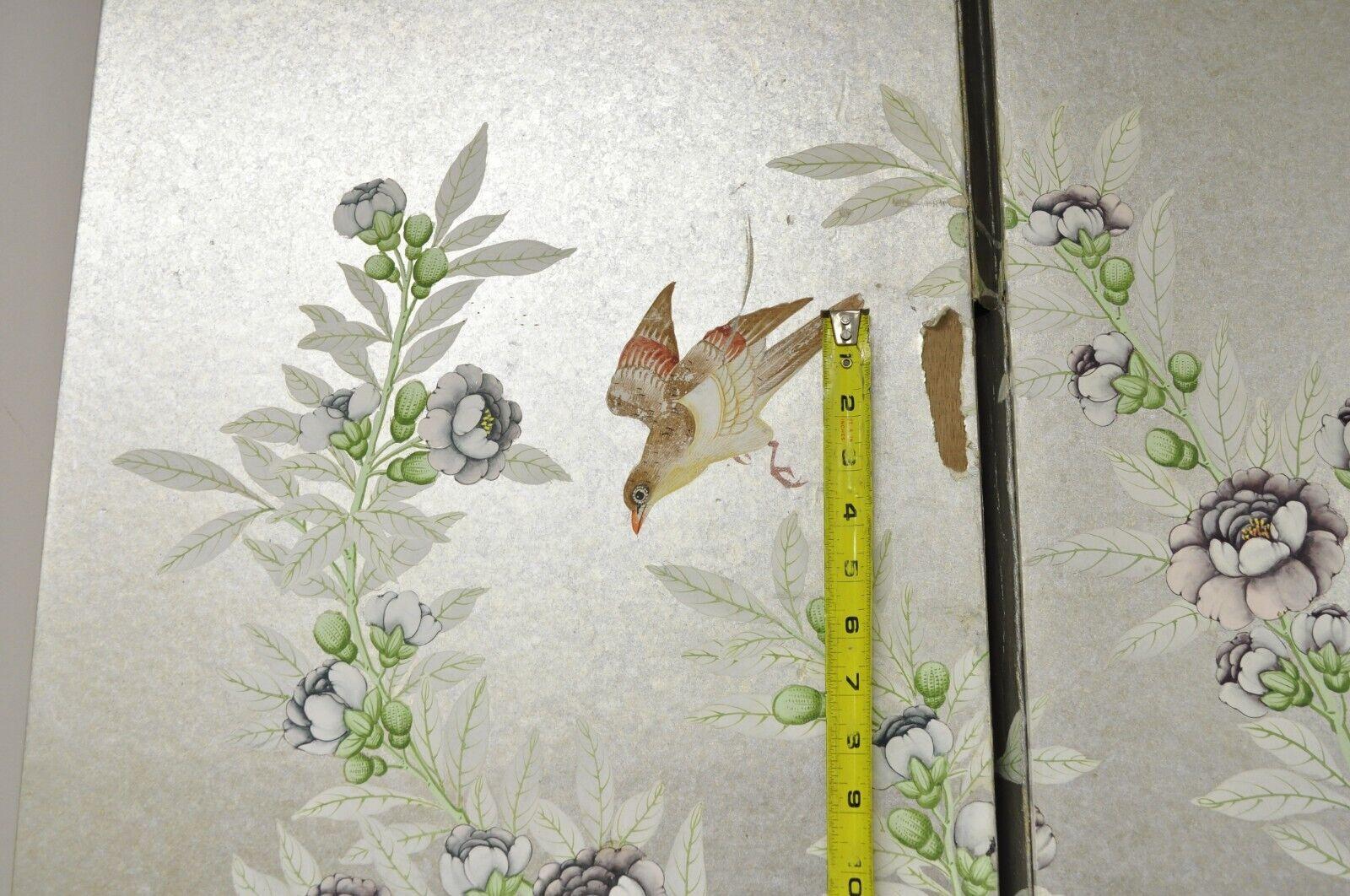 Vintage Chinoiserie Silver Leaf Birds Butterflies 4 Panel Screen Room Divider B For Sale 1