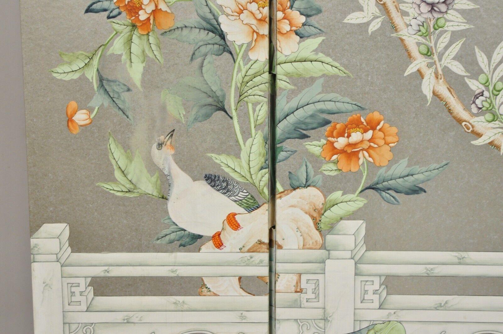 Vintage Chinoiserie Silver Leaf Birds Butterflies 4 Panel Screen Room Divider B For Sale 2