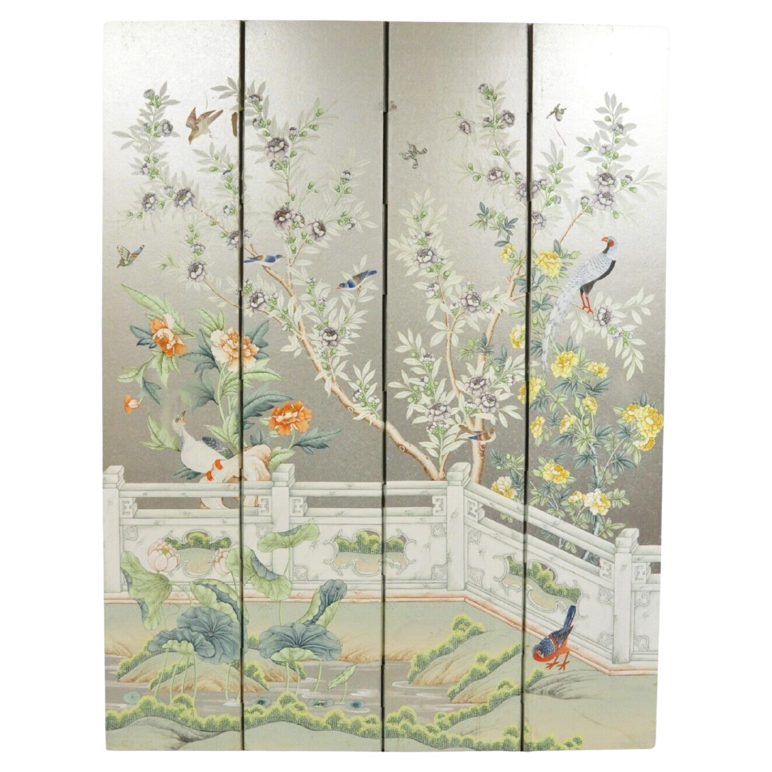 Vintage Chinoiserie Silver Leaf Birds Butterflies 4 Panel Screen Room Divider B For Sale