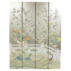 Vintage Chinoiserie Silver Leaf Birds Butterflies 4 Panel Screen Room Divider B