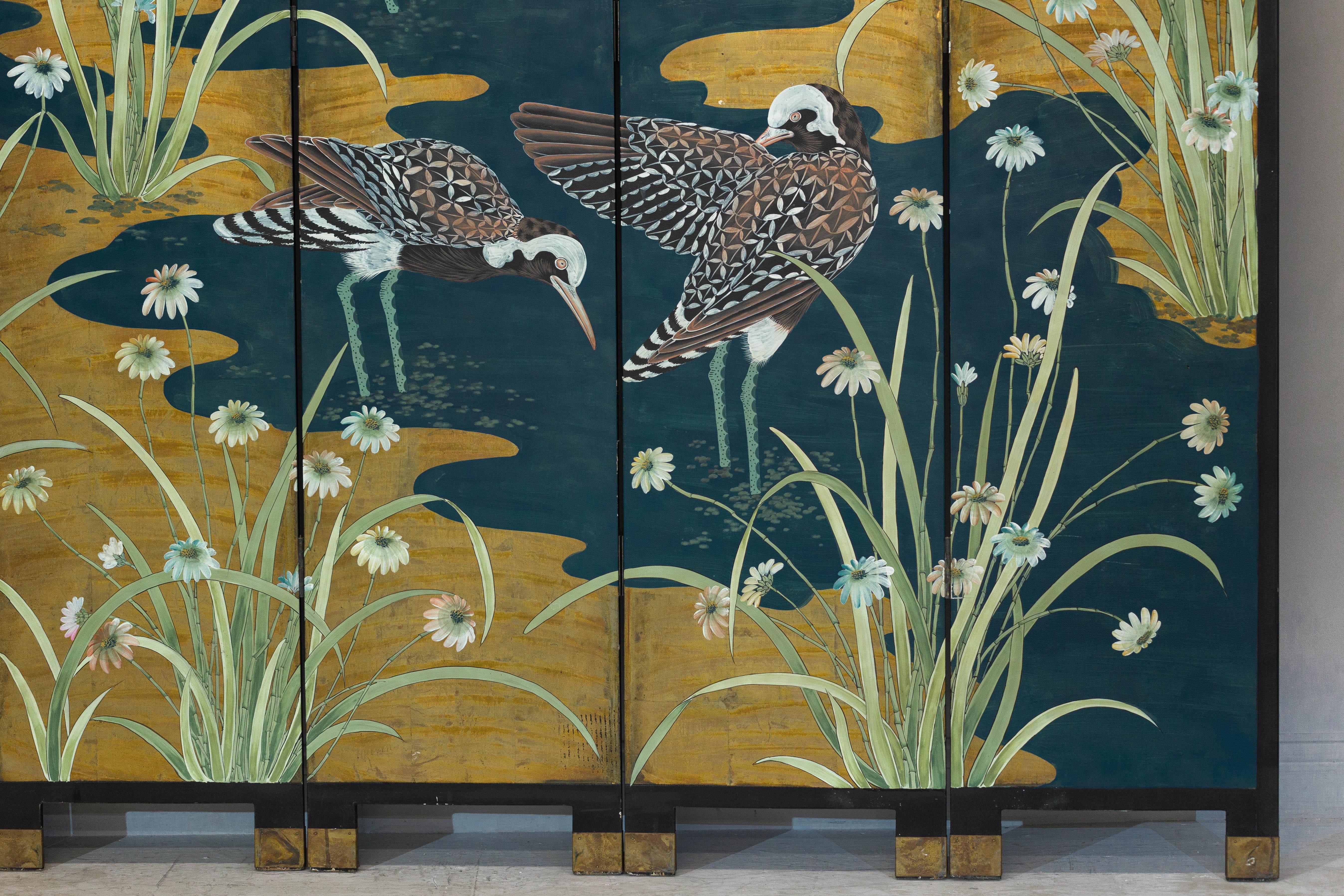 Vintage Chinoiserie Six-Panel Decorative Screen with Birds and Gilded Landscape For Sale 3