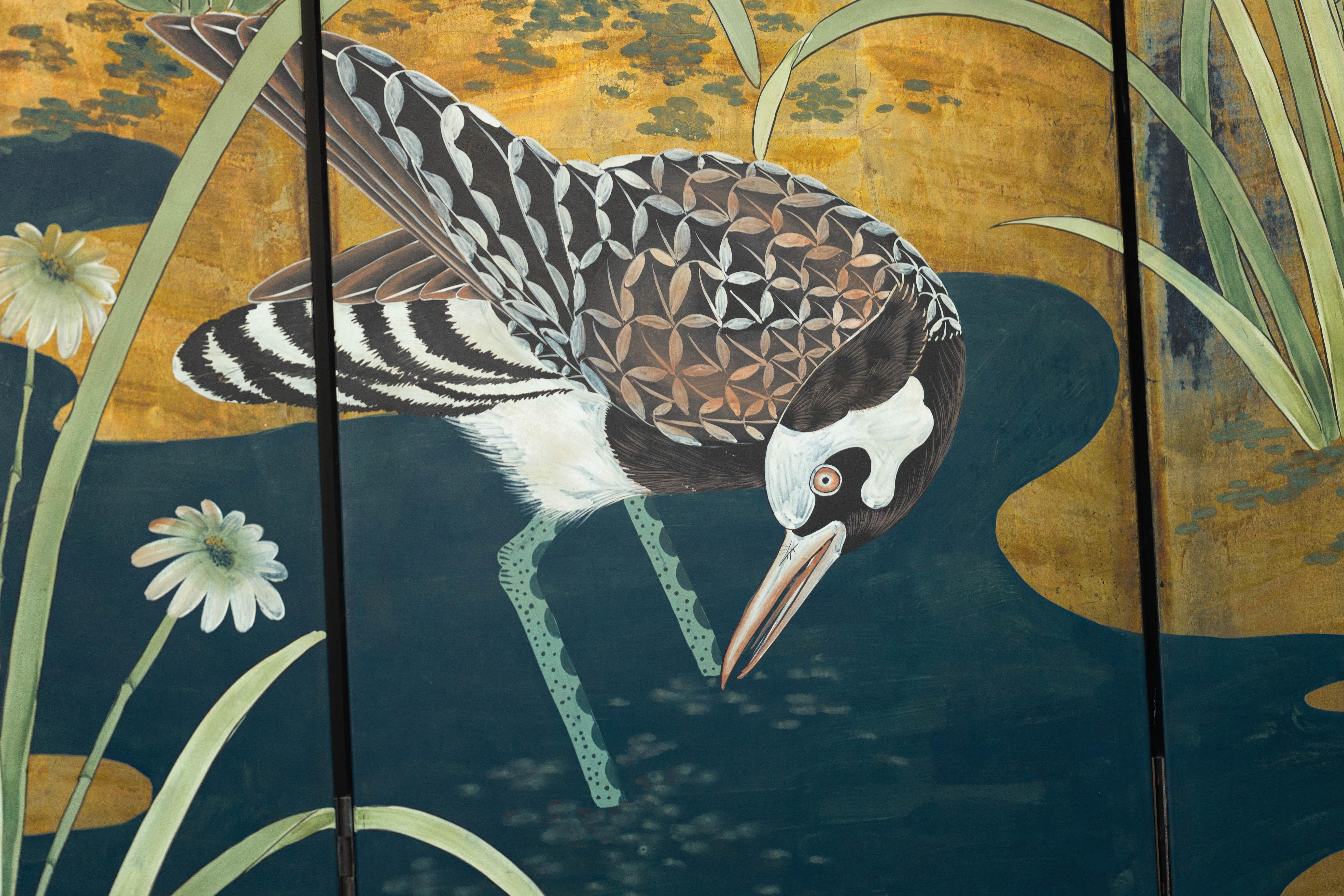 Vintage Chinoiserie Six-Panel Decorative Screen with Birds and Gilded Landscape For Sale 4