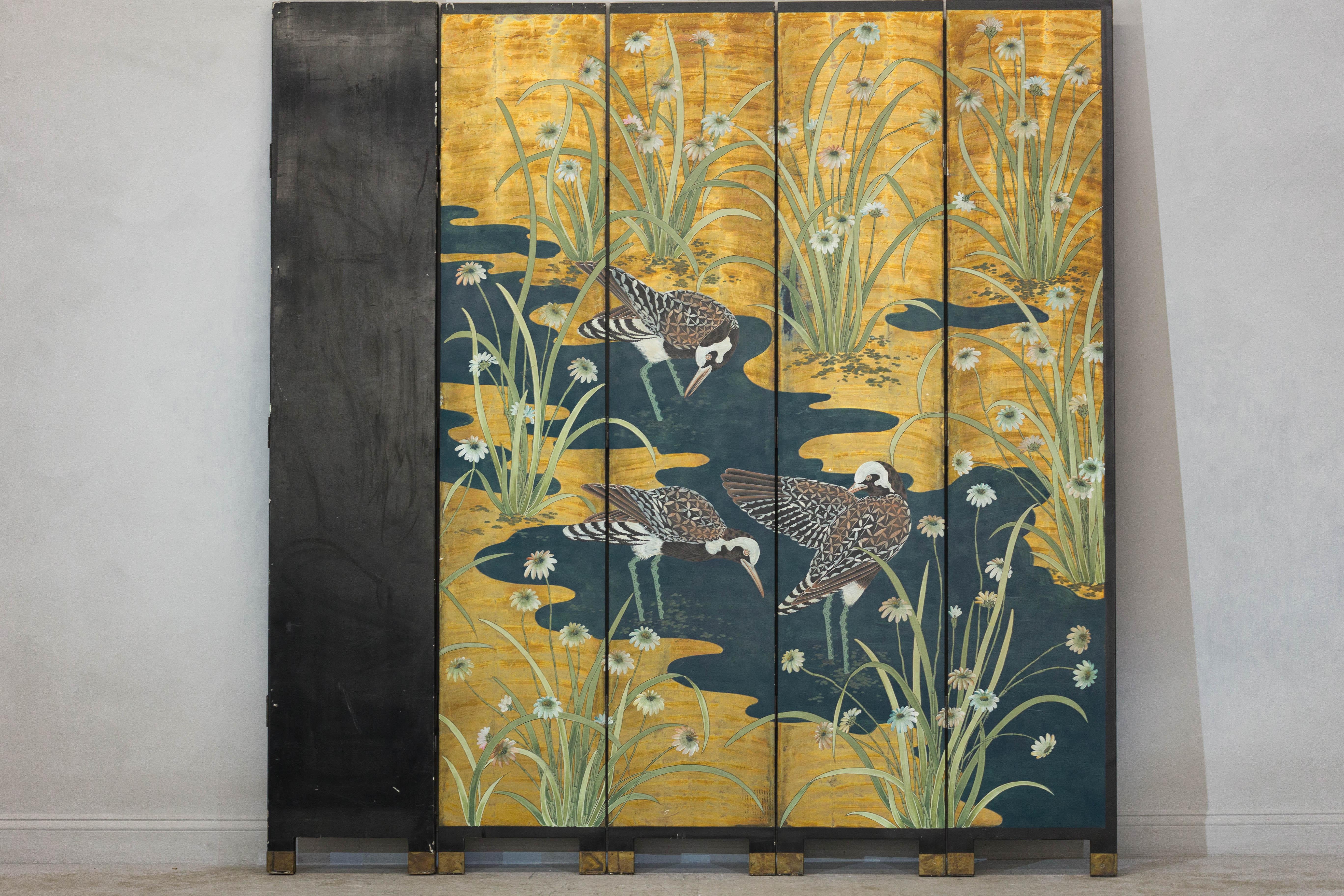Vintage Chinoiserie Six-Panel Decorative Screen with Birds and Gilded Landscape For Sale 6