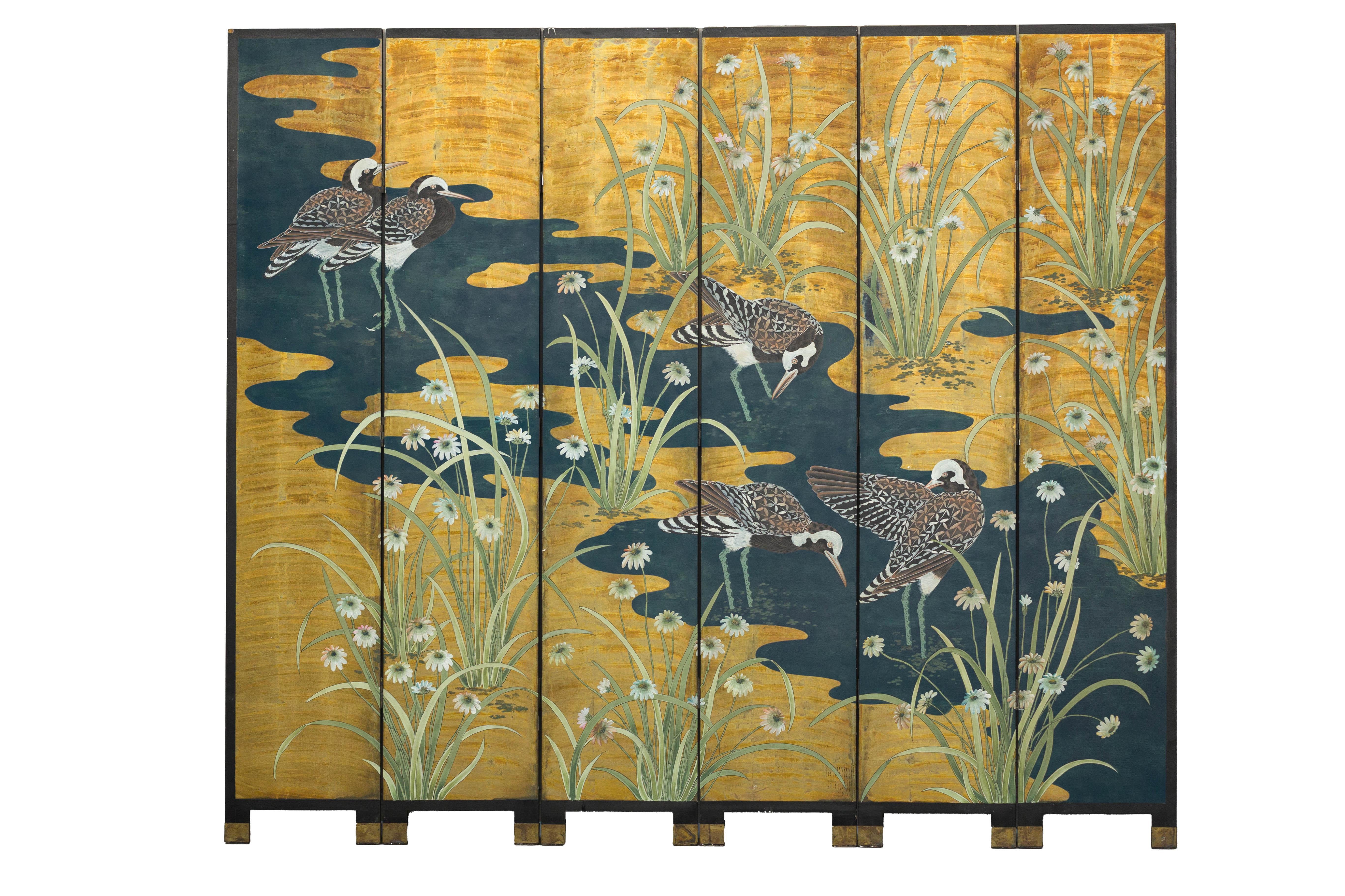 Vintage Chinoiserie Six-Panel Decorative Screen with Birds and Gilded Landscape For Sale 7