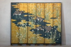 Vintage Chinoiserie Six-Panel Decorative Screen with Birds and Gilded Landscape