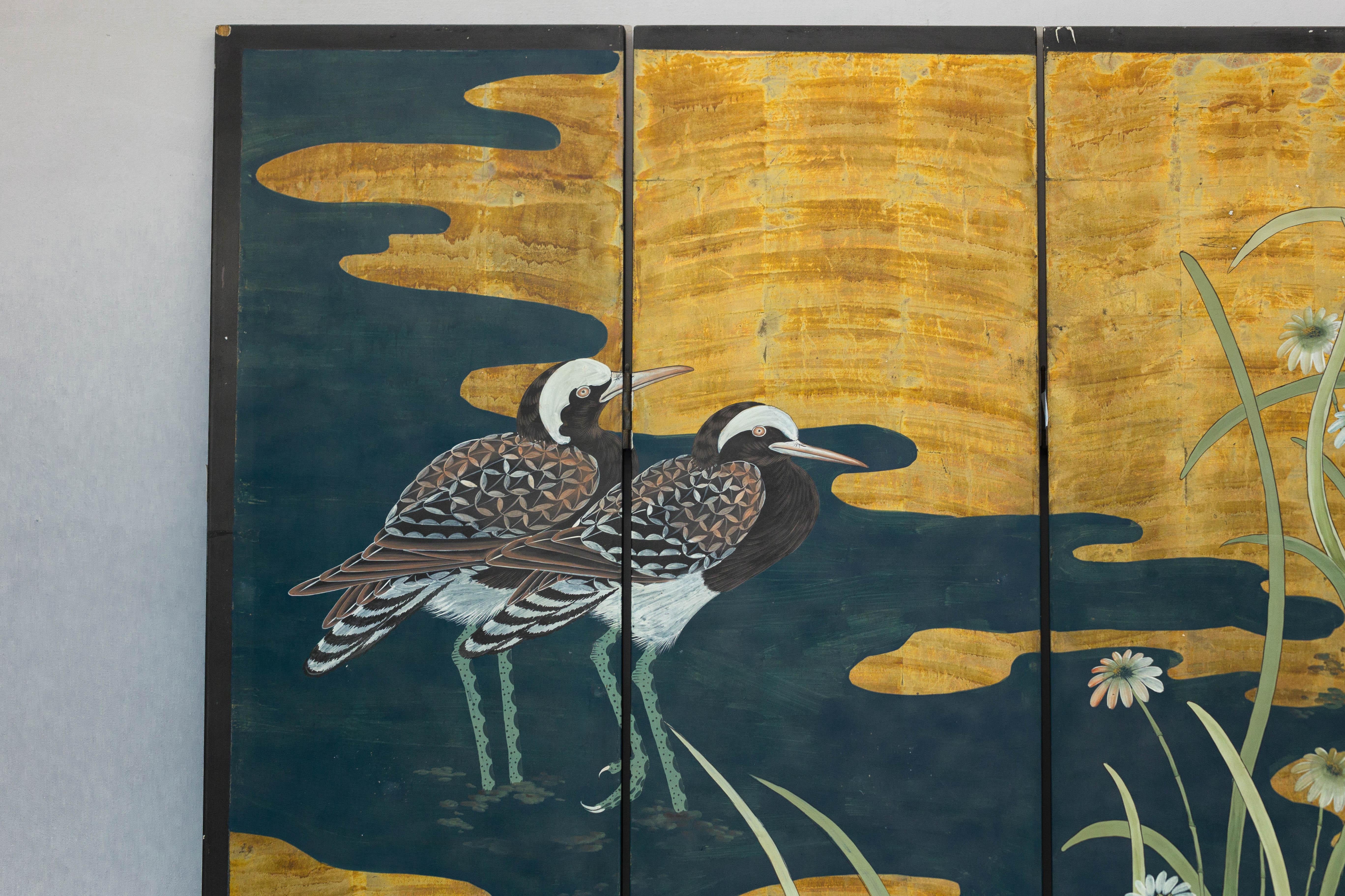 Gilt Vintage Chinoiserie Six-Panel Decorative Screen with Birds and Gilded Landscape For Sale