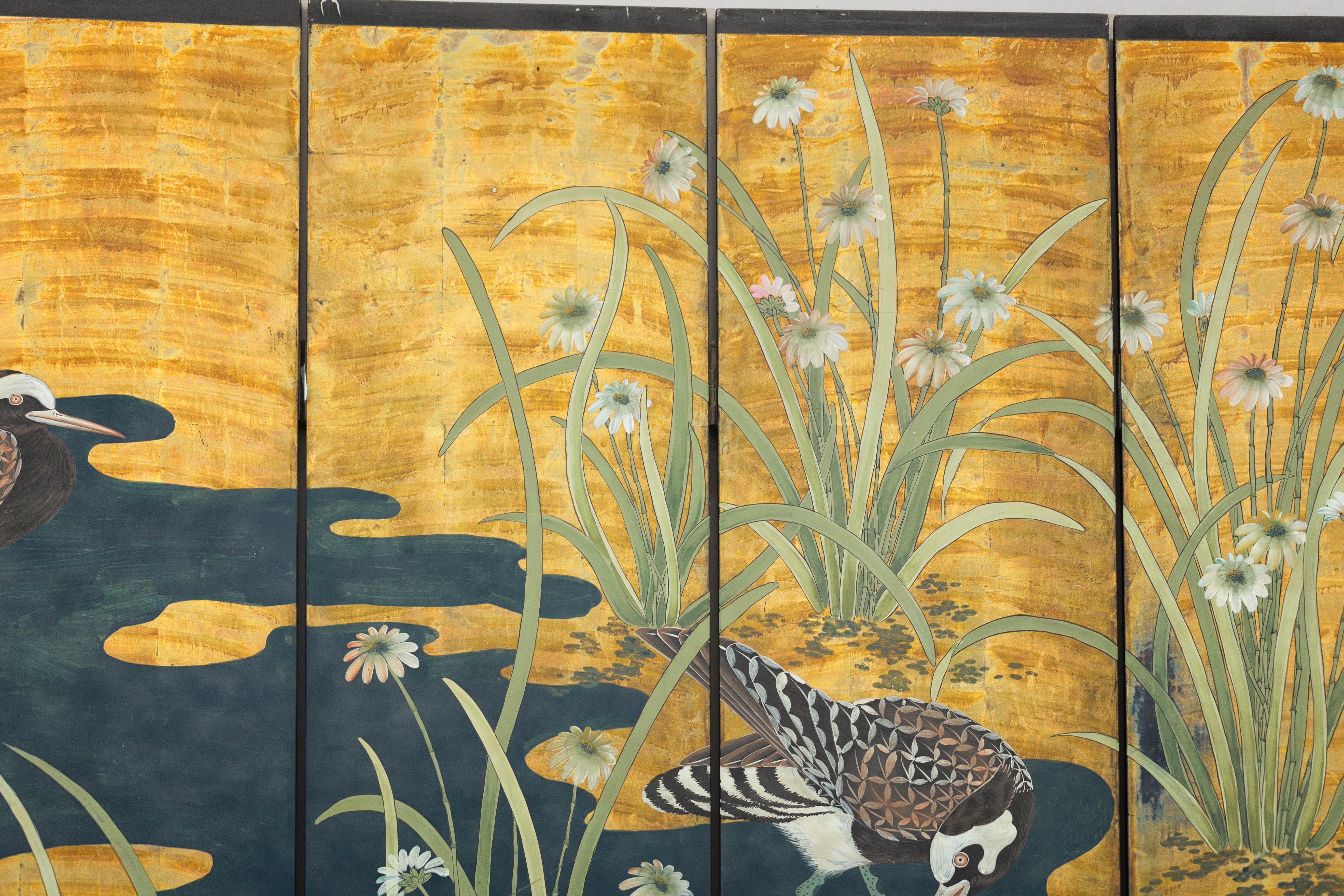Vintage Chinoiserie Six-Panel Decorative Screen with Birds and Gilded Landscape In Good Condition For Sale In Yonkers, NY