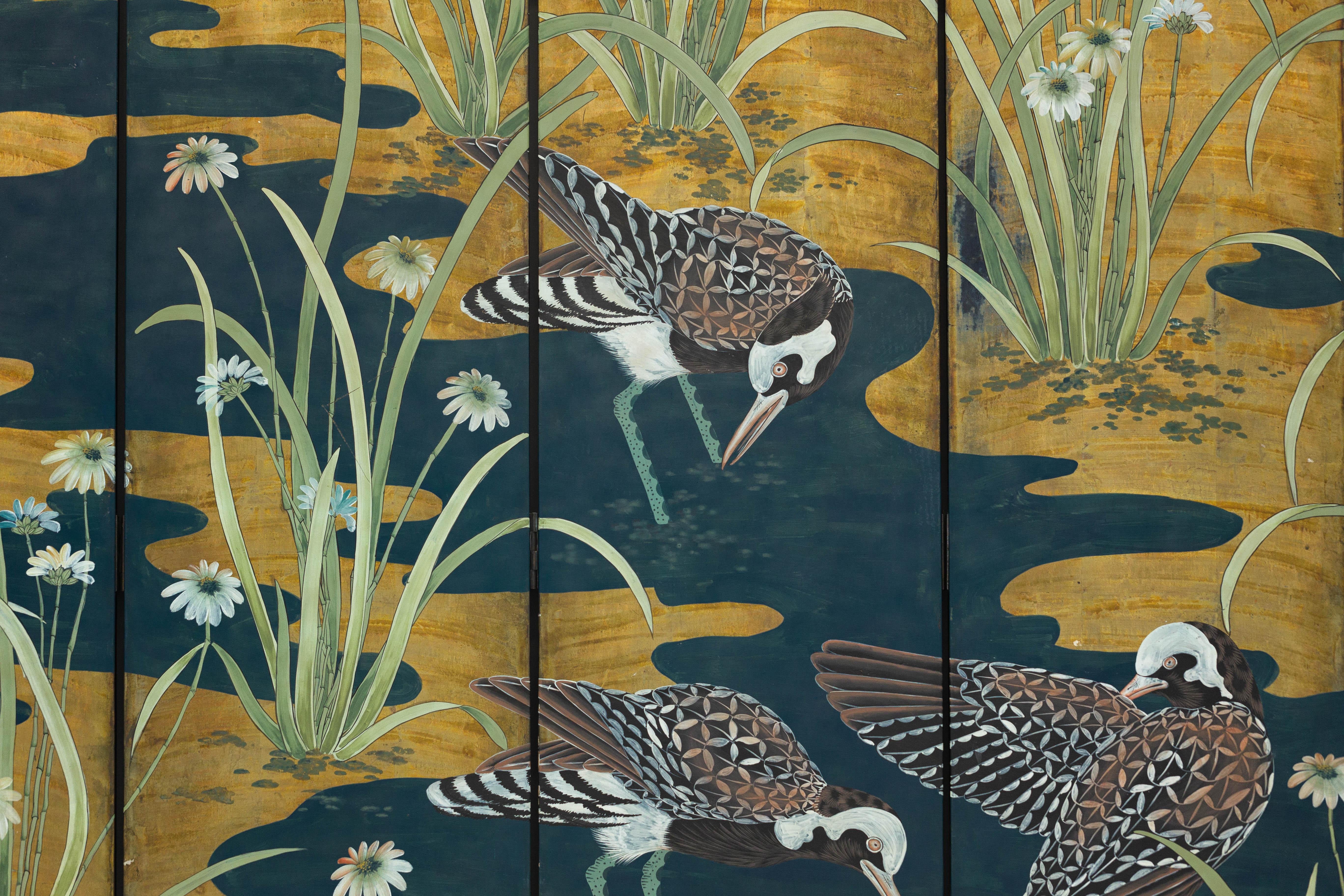 Wood Vintage Chinoiserie Six-Panel Decorative Screen with Birds and Gilded Landscape For Sale