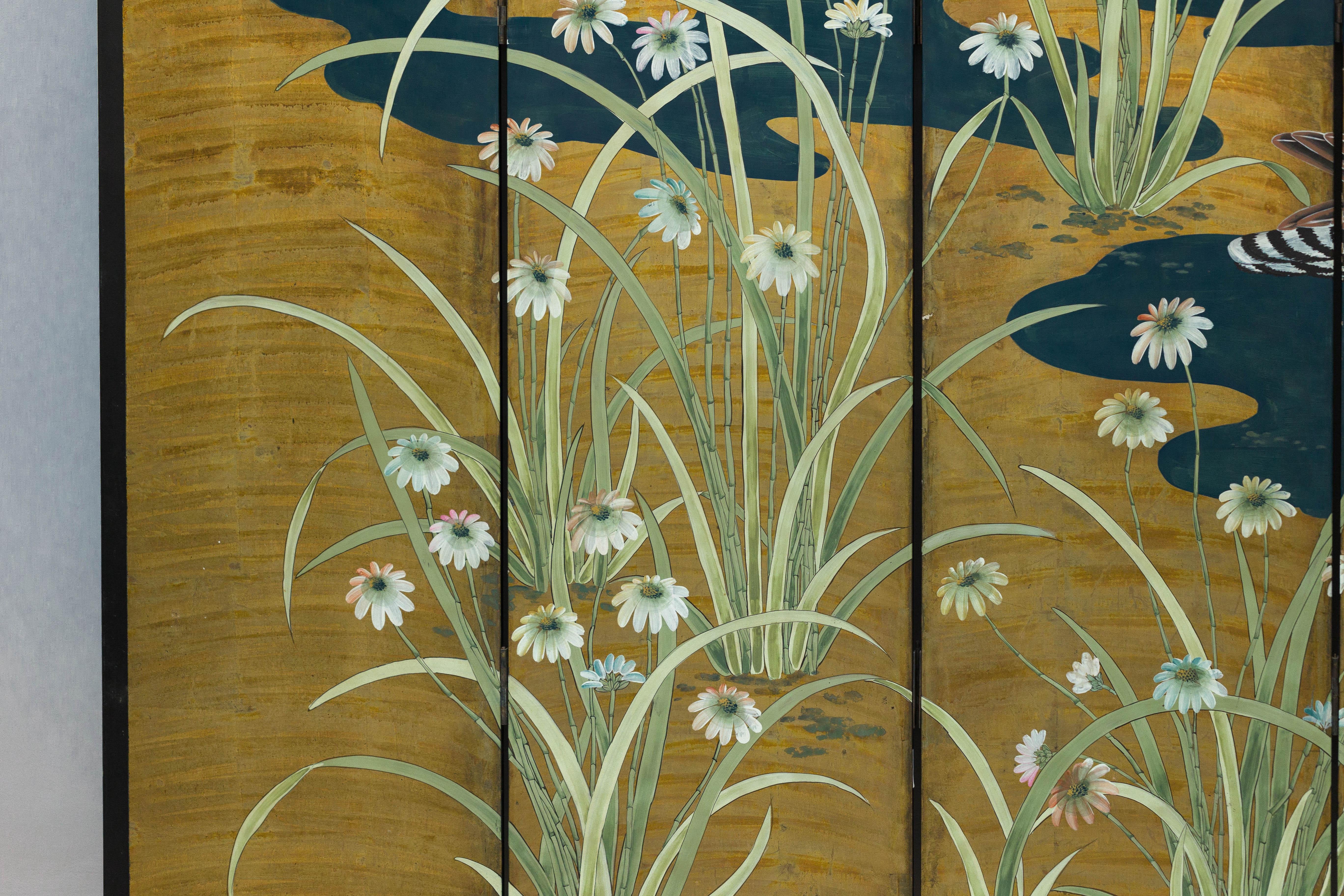 Vintage Chinoiserie Six-Panel Decorative Screen with Birds and Gilded Landscape For Sale 1