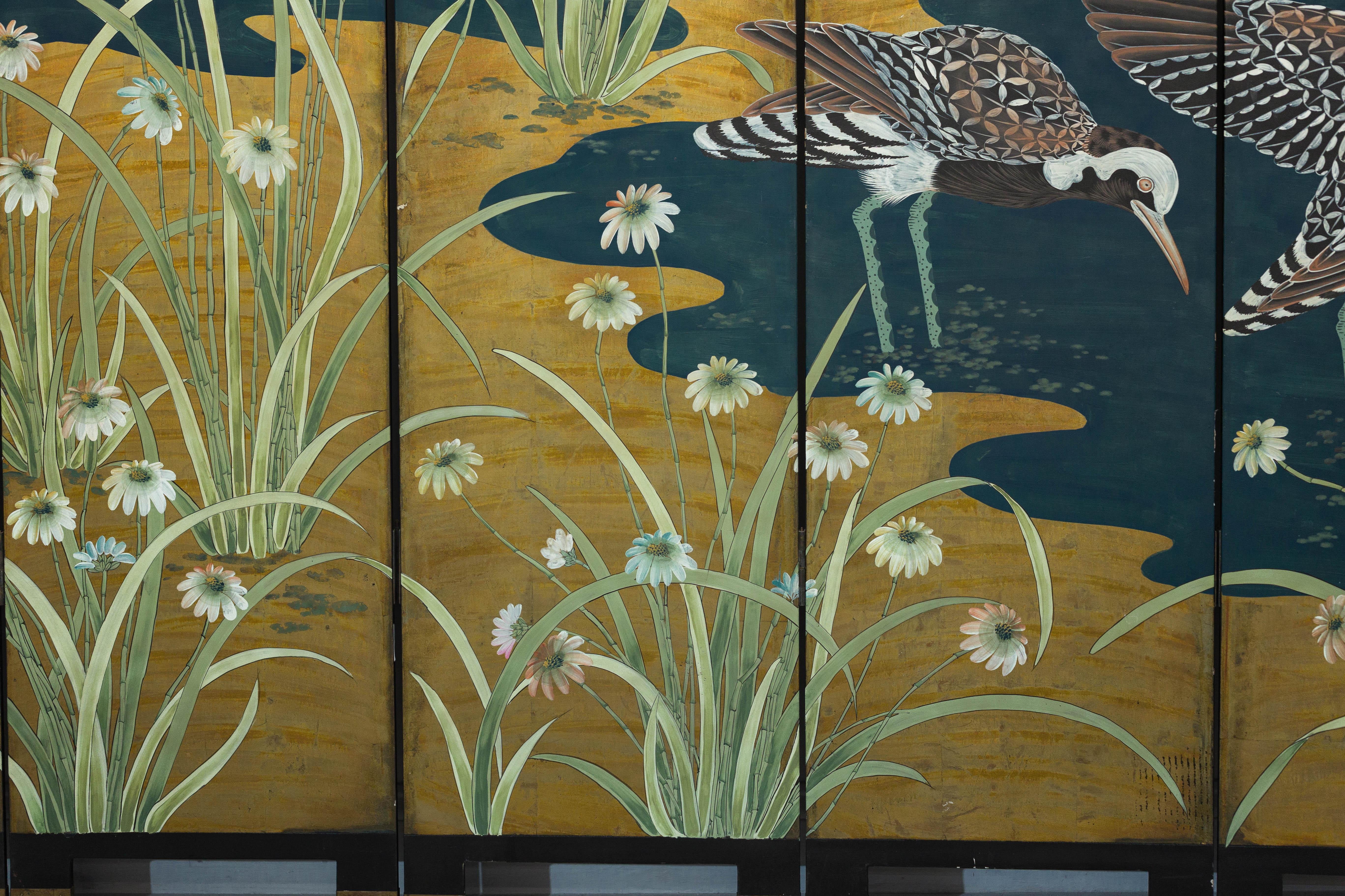 Vintage Chinoiserie Six-Panel Decorative Screen with Birds and Gilded Landscape For Sale 2