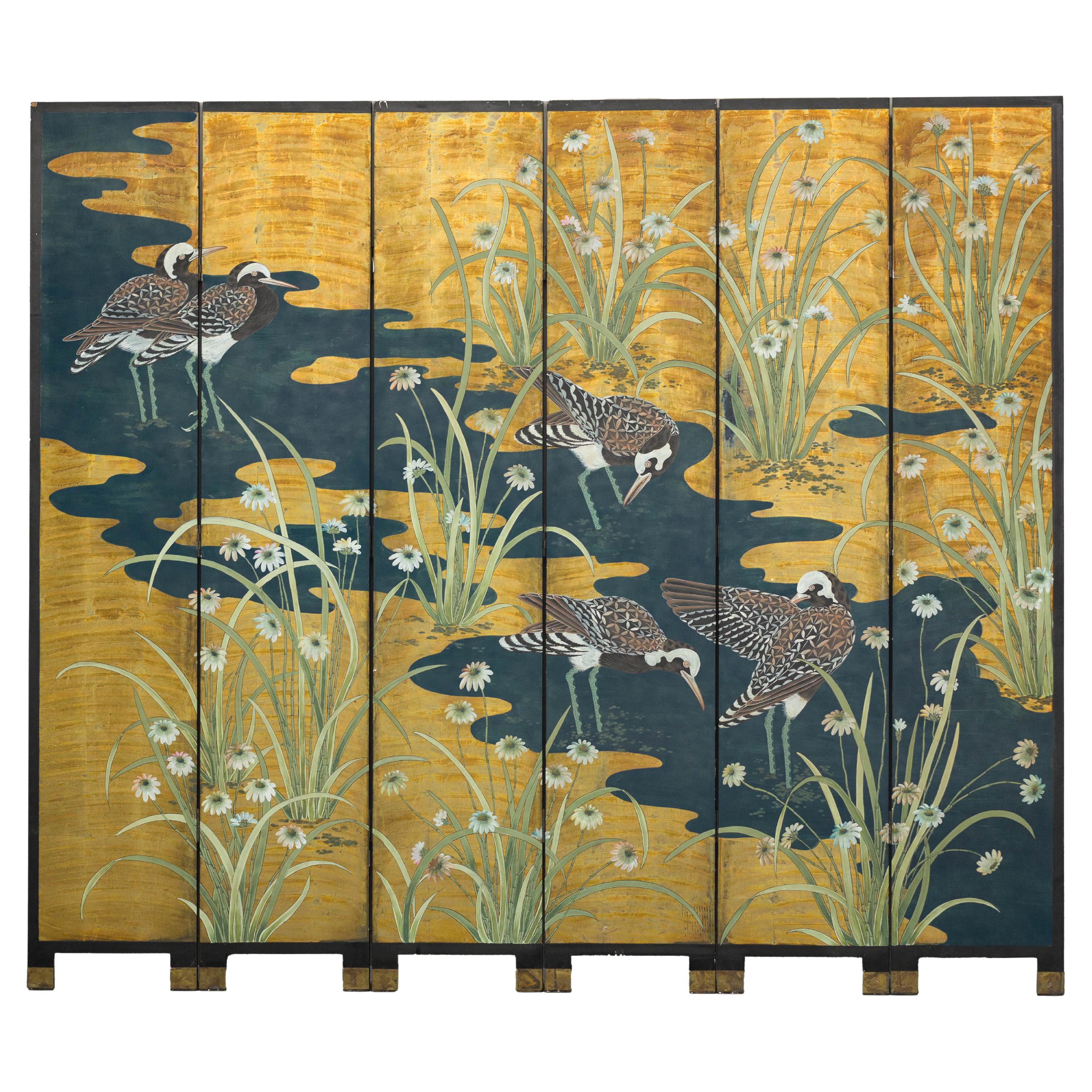 Vintage Chinoiserie Six-Panel Decorative Screen with Birds and Gilded Landscape